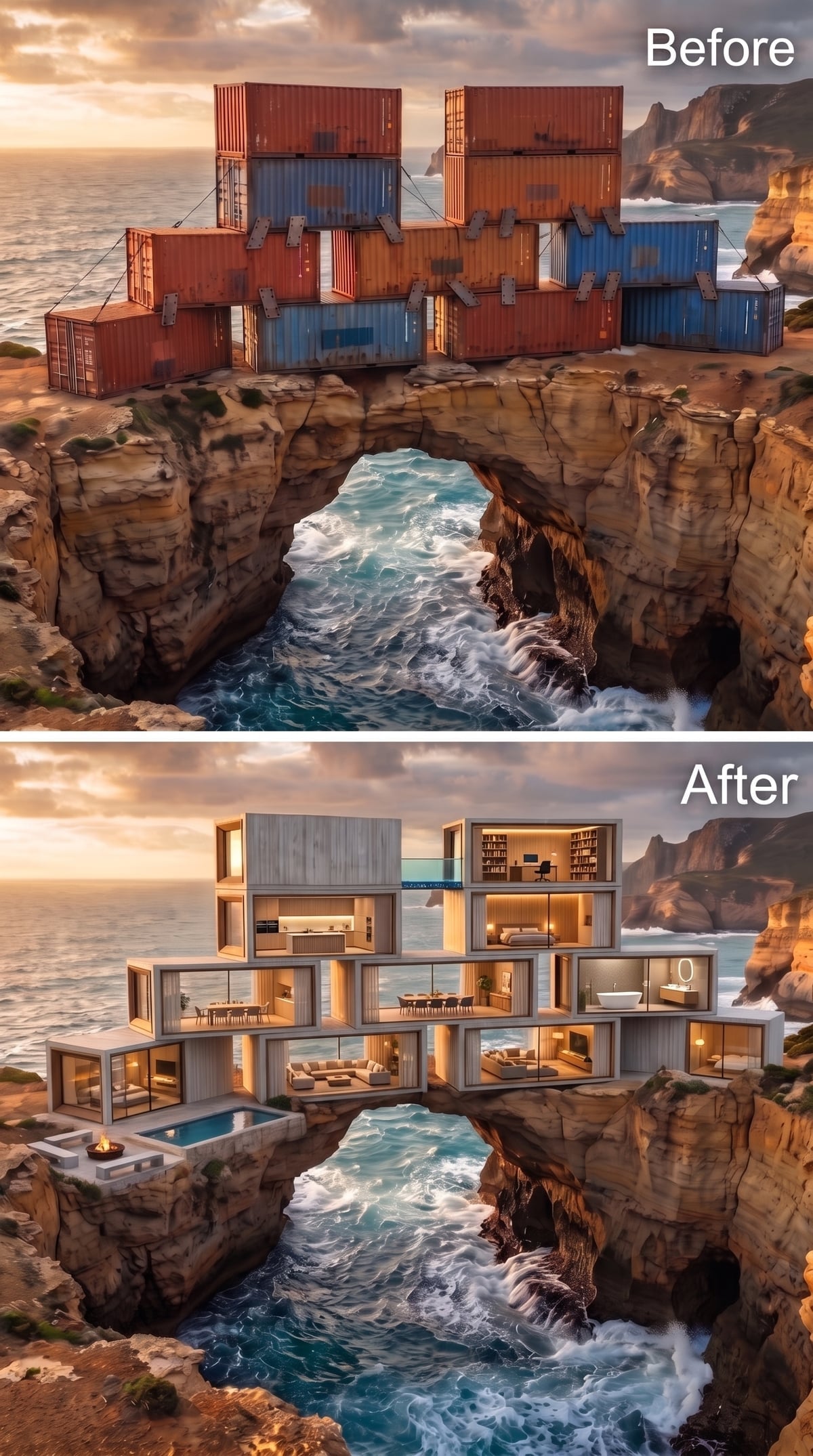 Concrete Modules Locked Over a Sea Arch, Pool Terrace Set at the Cliff Edge
