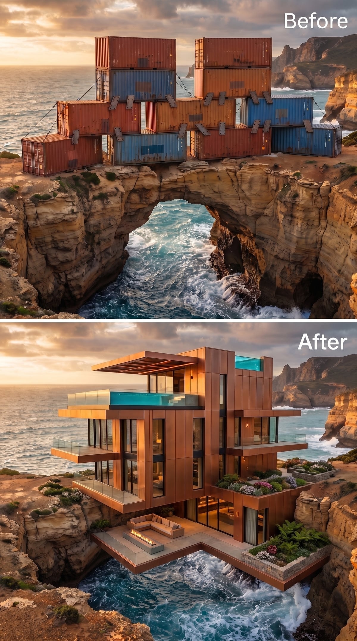 Copper-Toned Volumes Cantilevered Over a Sea Arch, Infinity Pool Crowning the Cliff