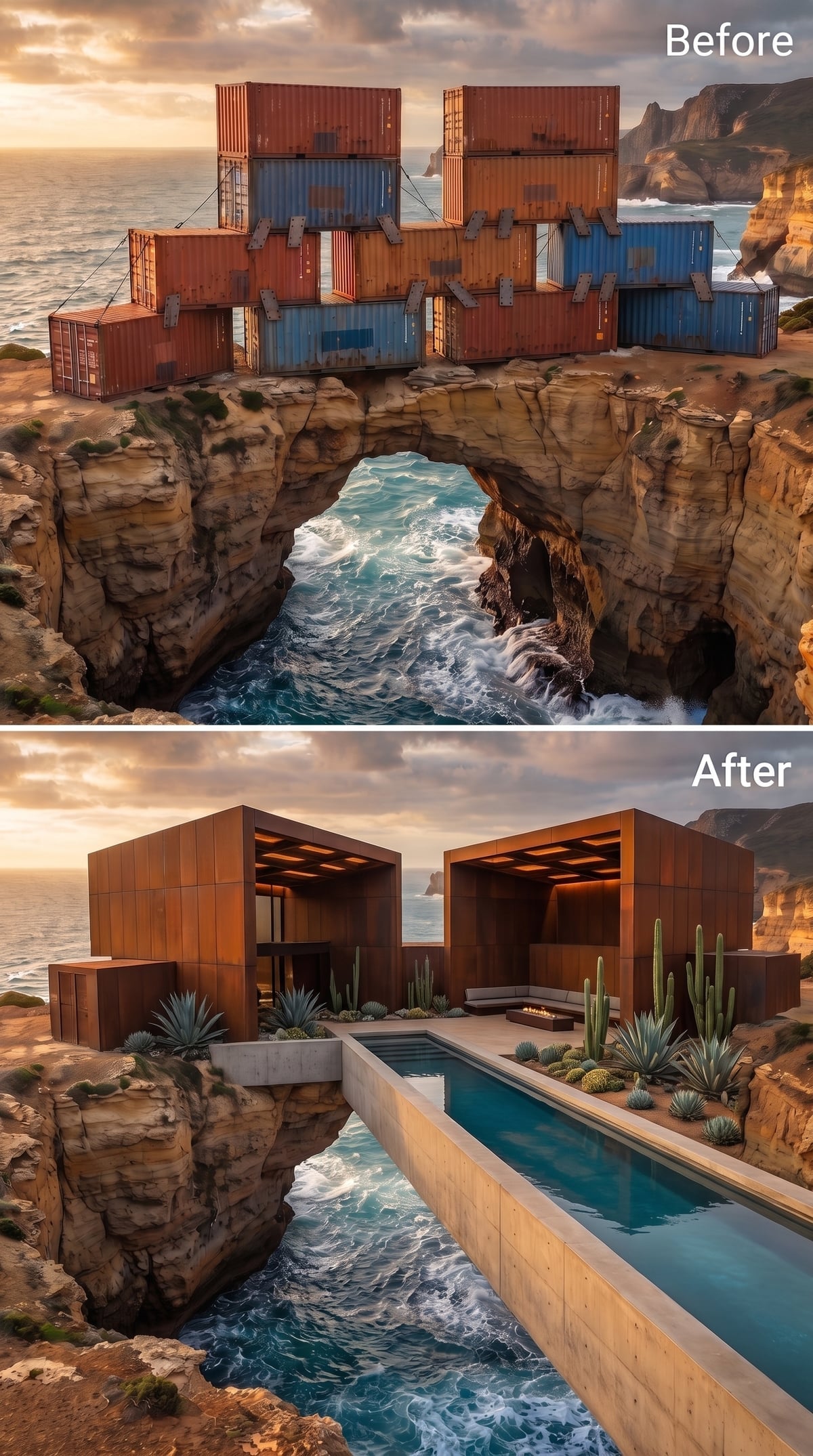 Corten Steel Volumes Cantilevered Over a Sea Arch, With a Lap Pool Bridging the Gap