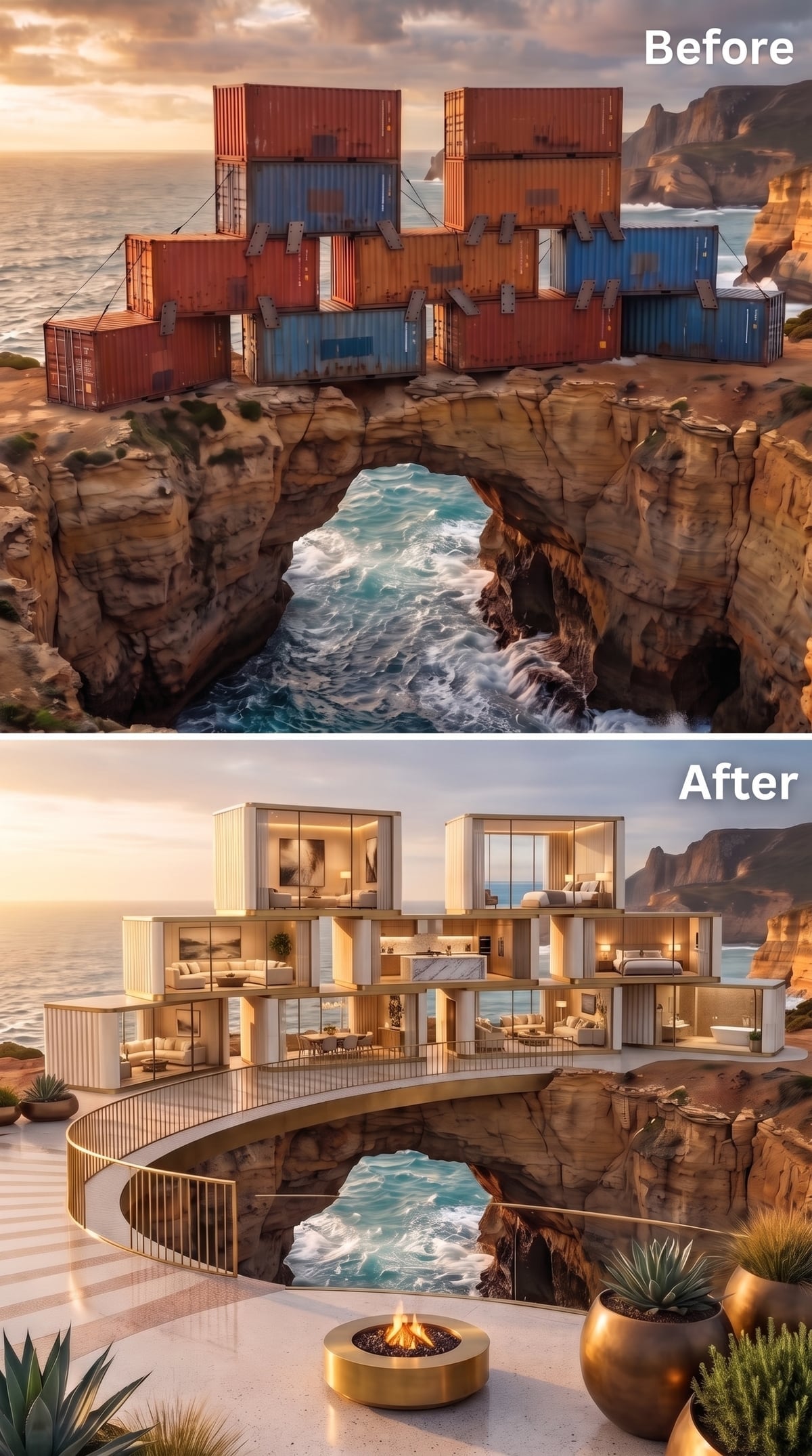 Cream Modules Cantilevered Over a Sea Arch, Fire Pit Anchoring the Cliff Terrace