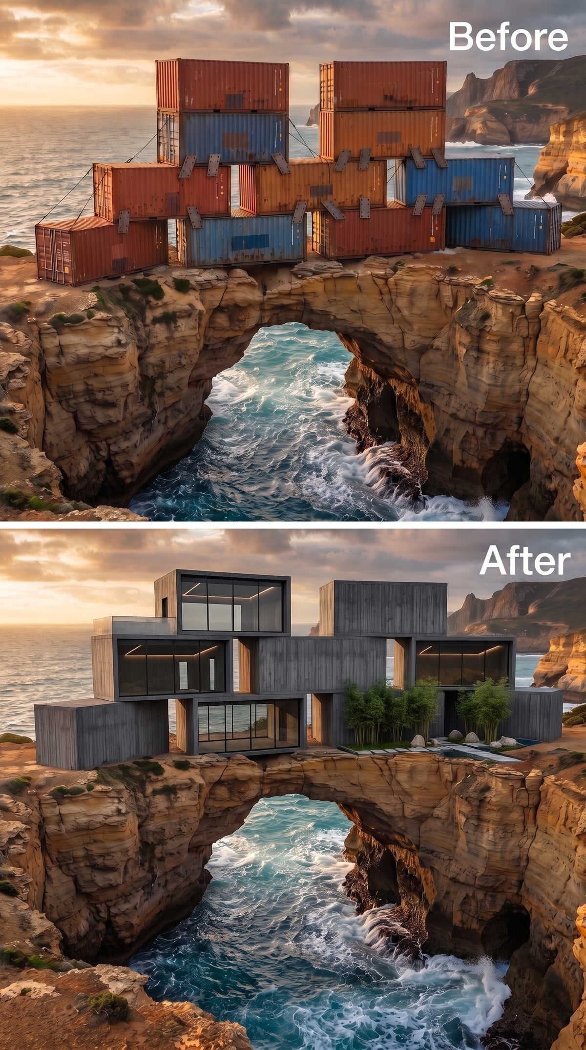 Dark Concrete Volumes Locked Over a Sea Arch, Bamboo Court Set at the Cliff Crown