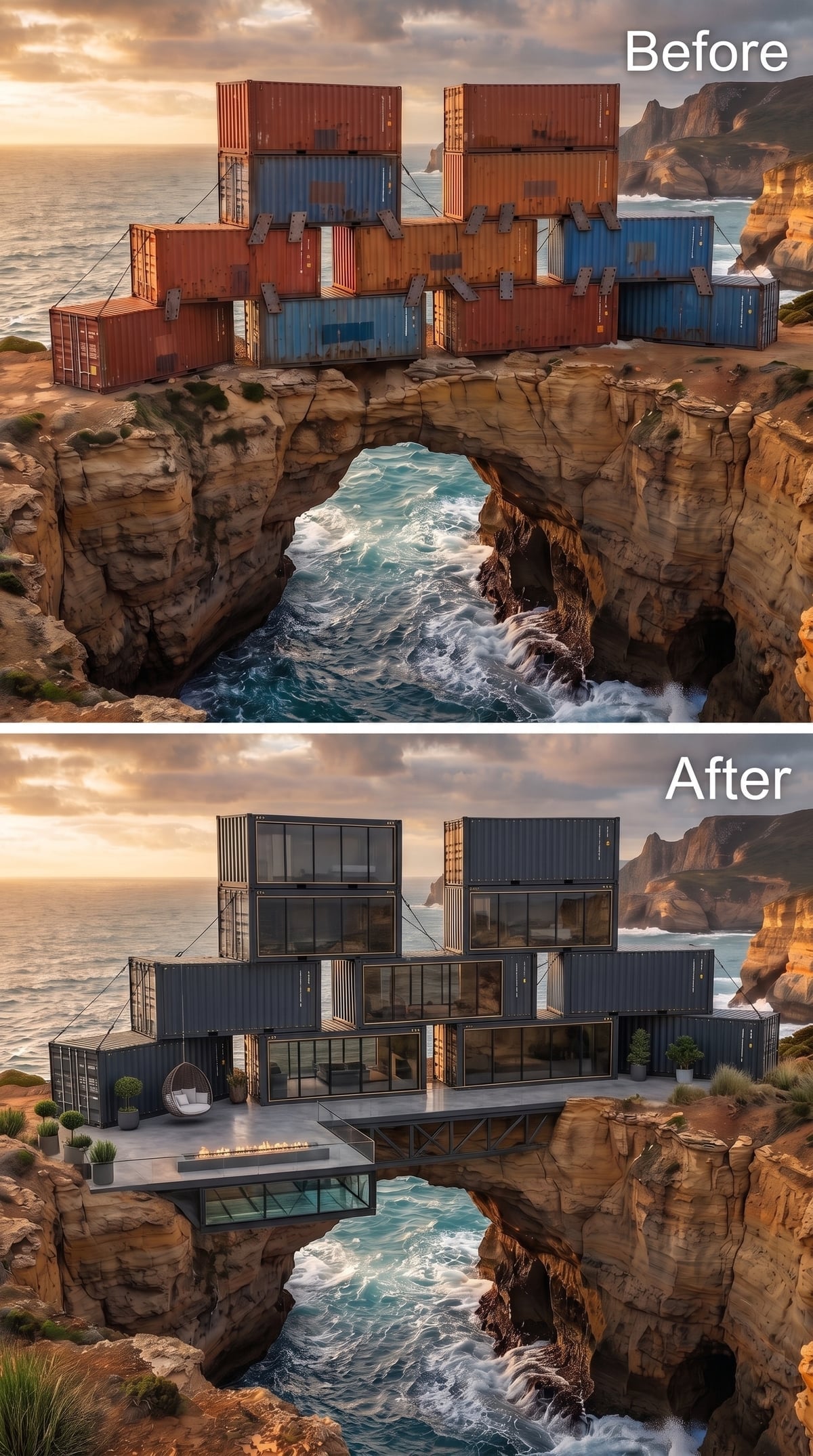 Dark Steel Containers Stacked Over a Sea Arch, Fire Table Cantilevered at the Cliff Edge