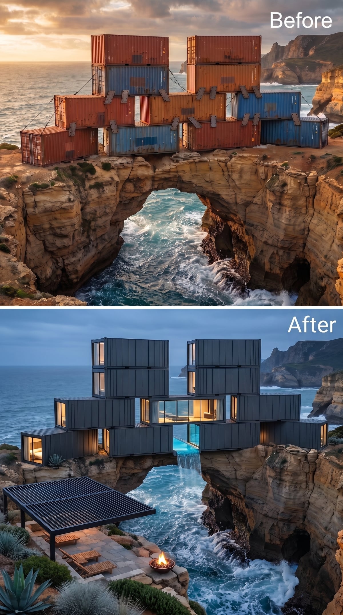 Dark Steel Containers Stacked Over a Sea Arch, Infinity Pool Cascading at the Cliff Edge
