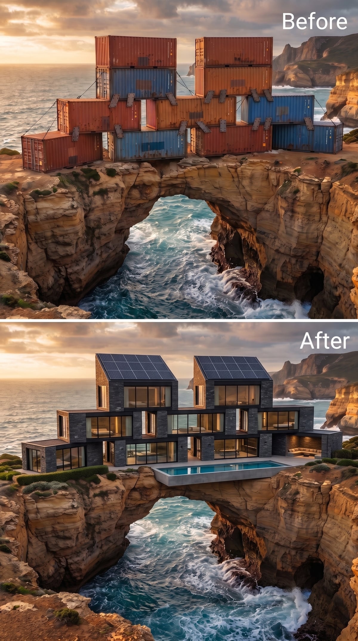 Dark Stone and Solar Glass Stacked Over a Sea Arch, Pool Cantilevered at the Cliff Edge