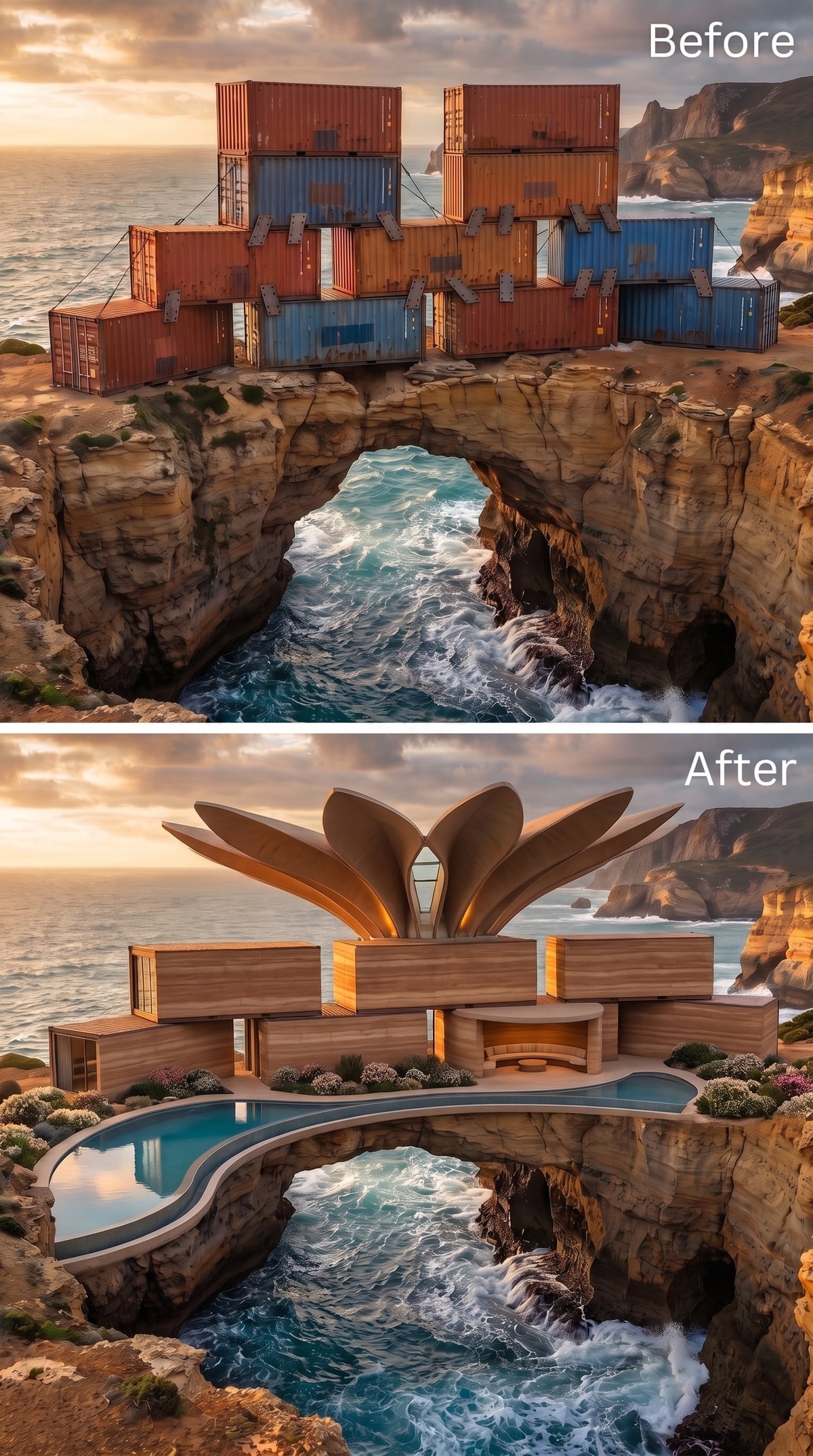 Flower-Form Roof Blooms Over Stacked Timber Volumes Bridging a Sea Arch