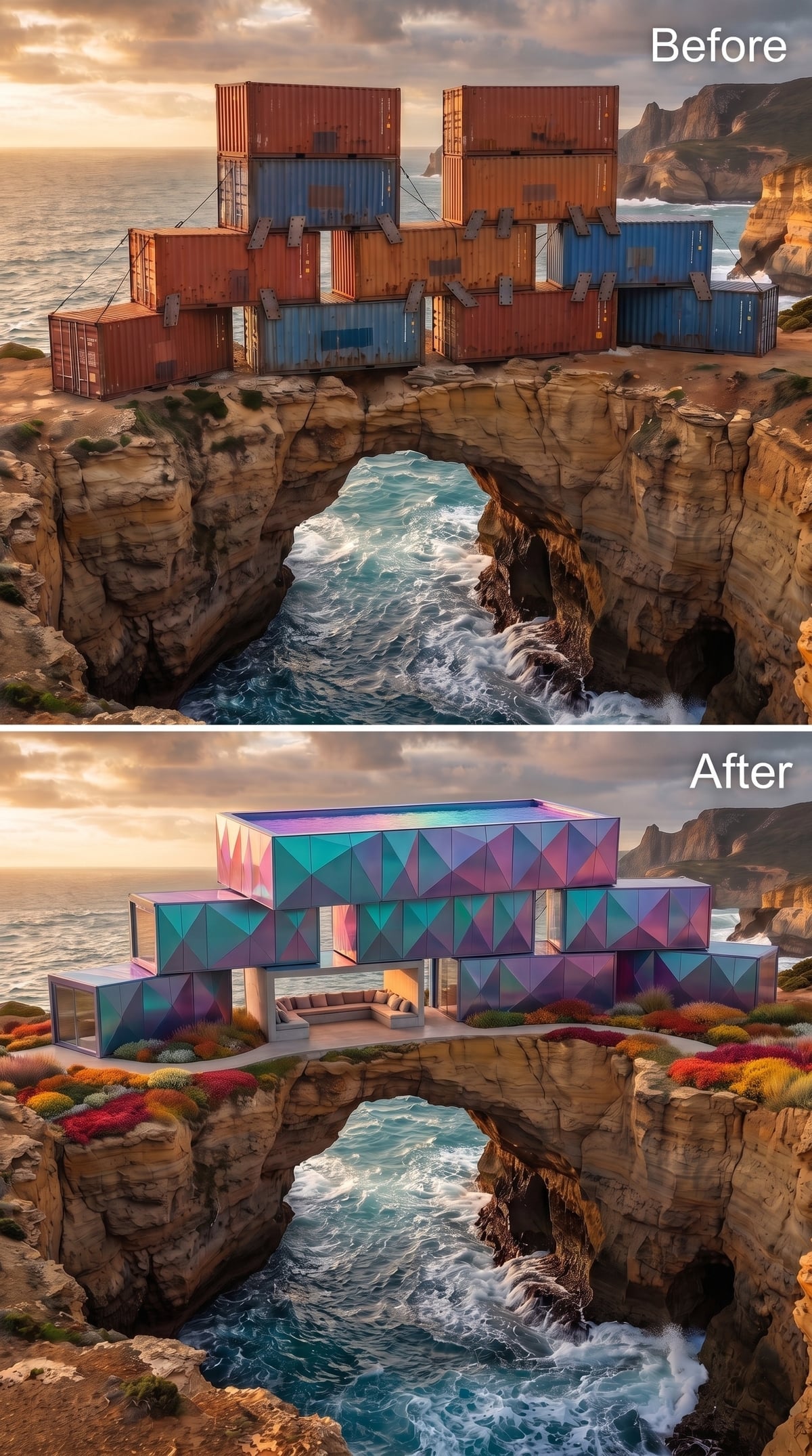 Iridescent Geometric Panels Spanning a Sea Arch, Terrace Floating the Cliff Gap