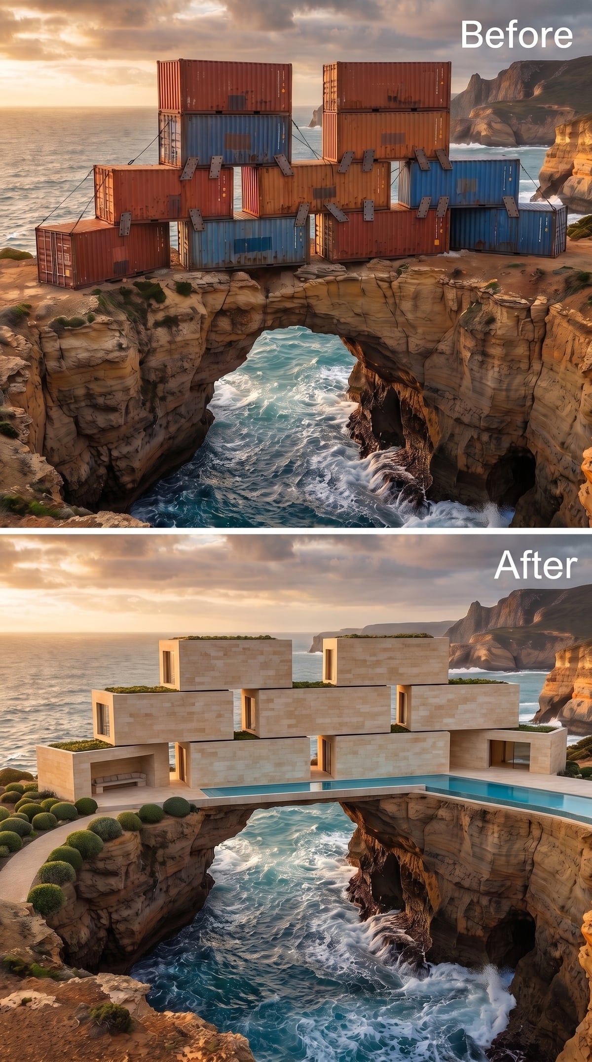 Limestone-Clad Volumes Bridging a Sea Arch, Pool Flush With the Cliff Deck
