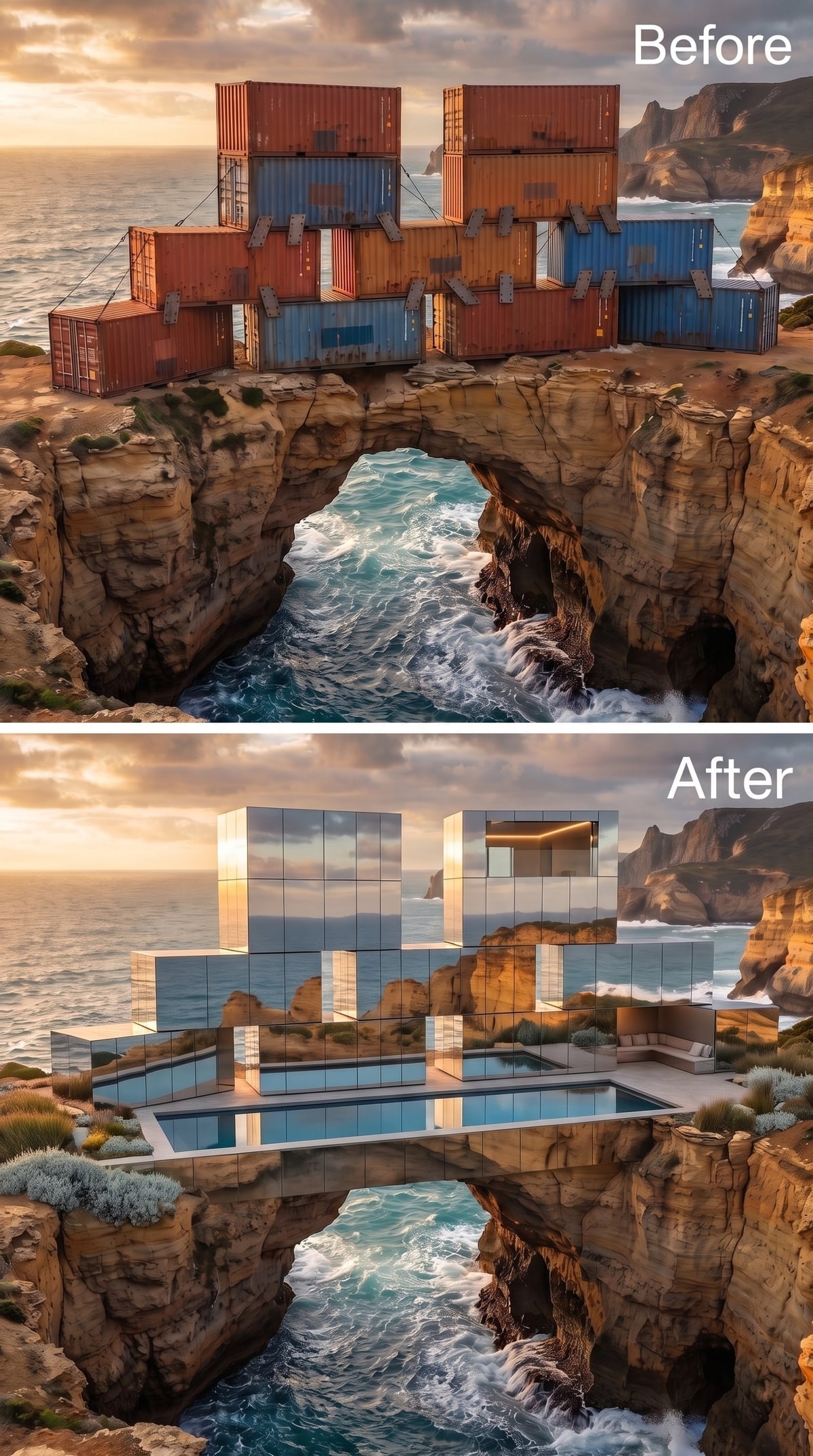 Mirror-Clad Volumes Bridging a Sea Arch, Pool Floating at the Cliff Edge