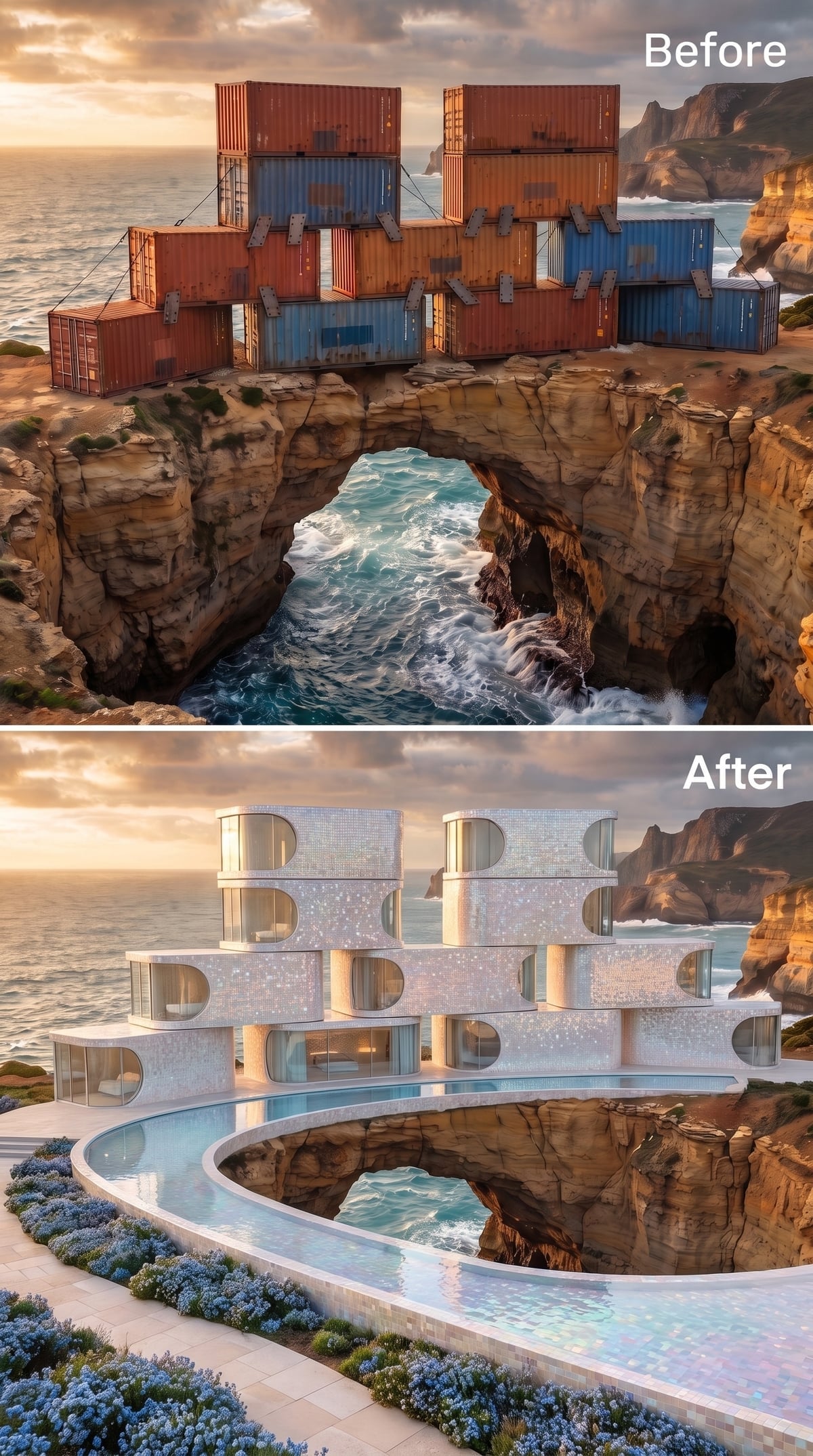 Mosaic-Clad Volumes Wrapped Over a Sea Arch, Pool Curving the Cliff Edge