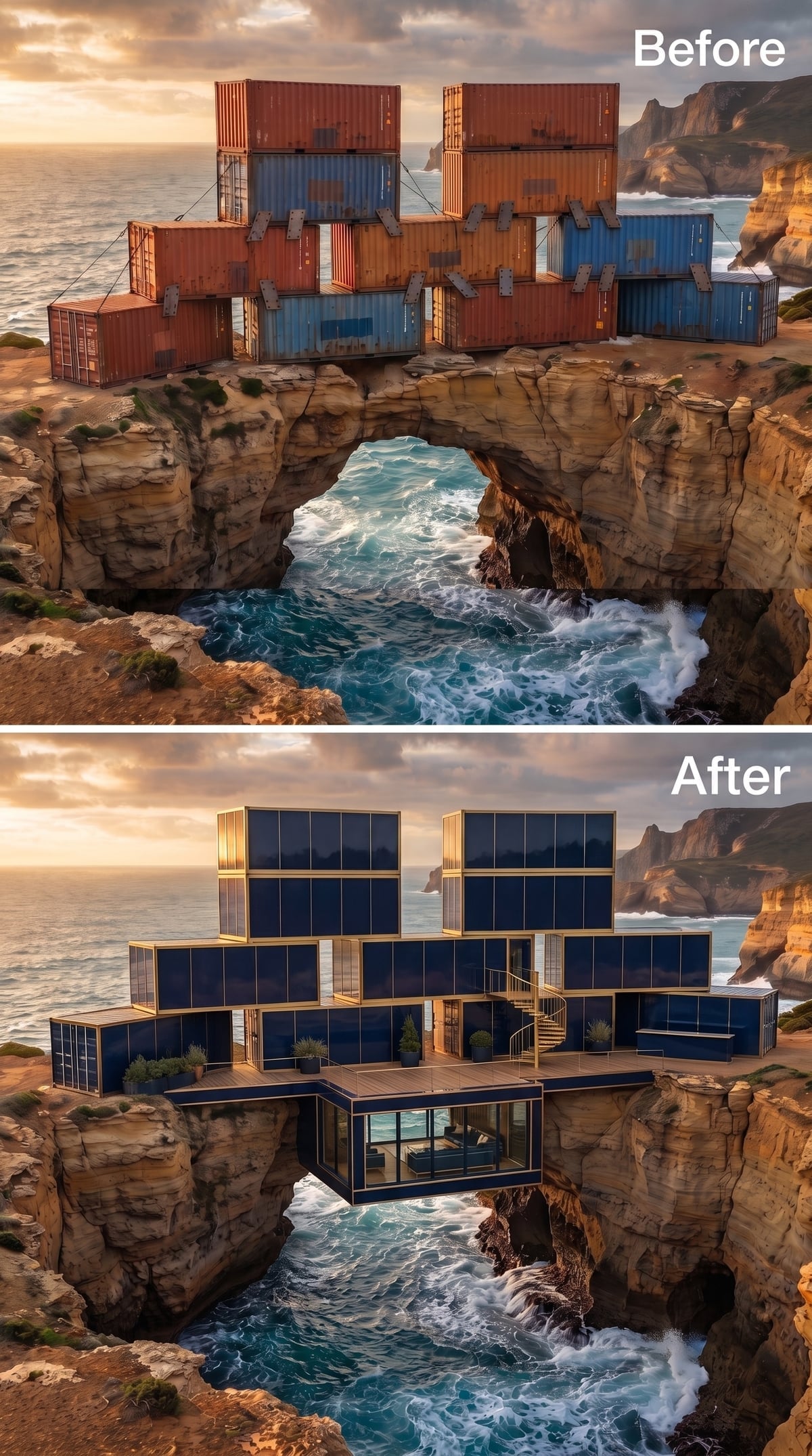Navy Glass and Gold Trim Stacked Over a Sea Arch, With a Spiral Stair at the Cliff Edge
