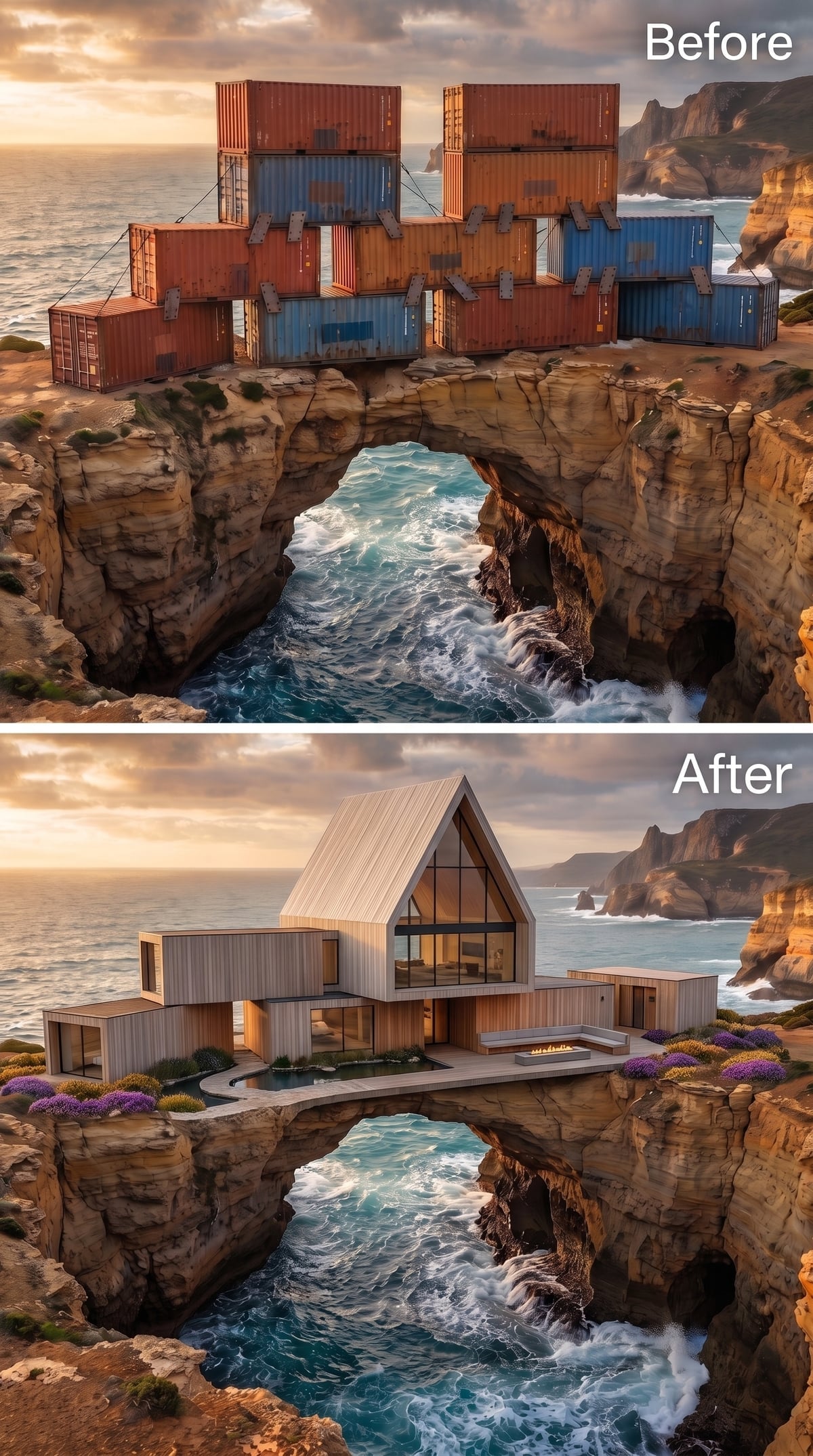Pale Timber Gable Over a Sea Arch, With a Cliff-Edge Firepit Terrace
