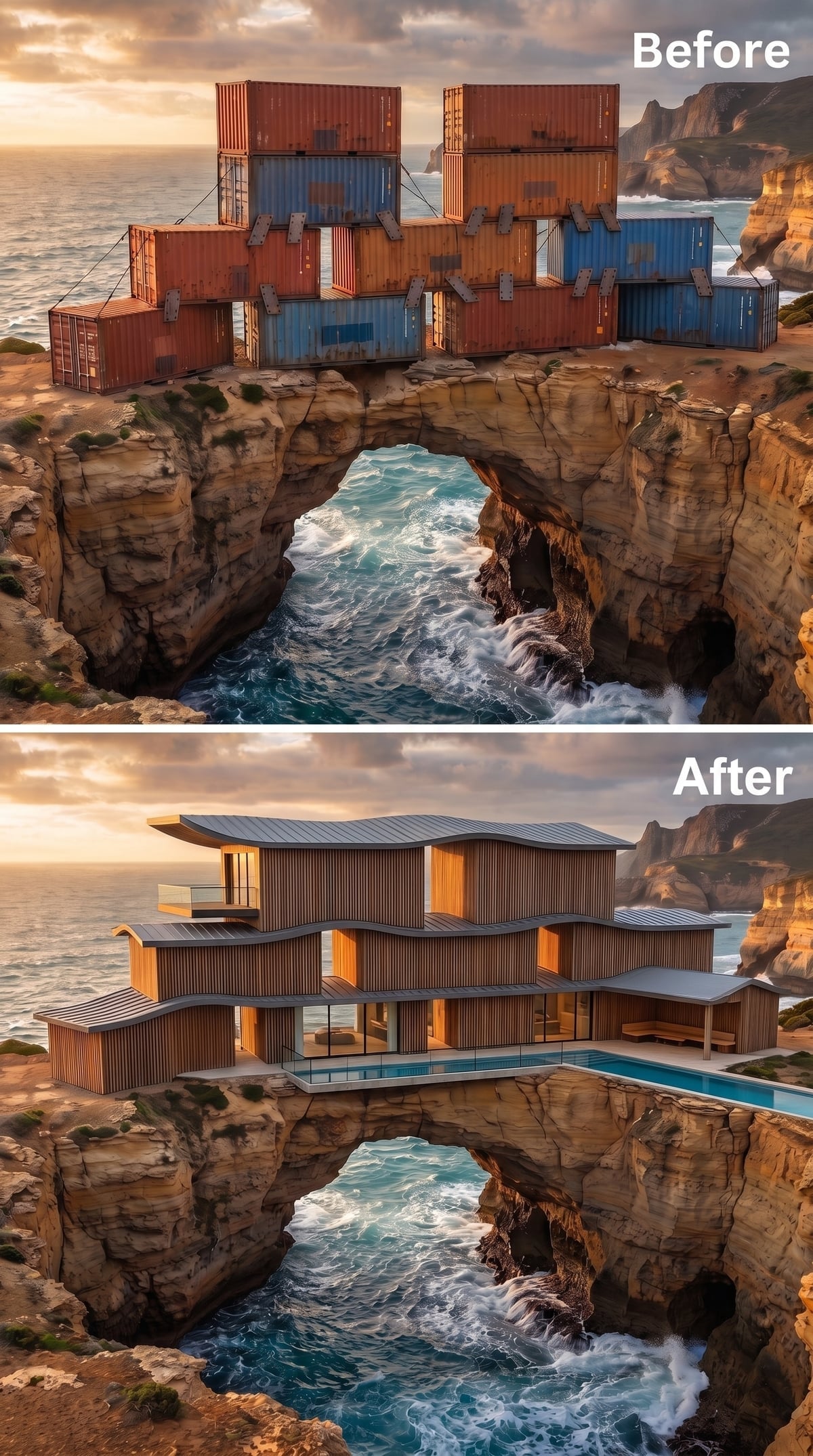 Rippling Cedar Volumes Bridging a Sea Arch, Pool Cantilevered at the Cliff Edge