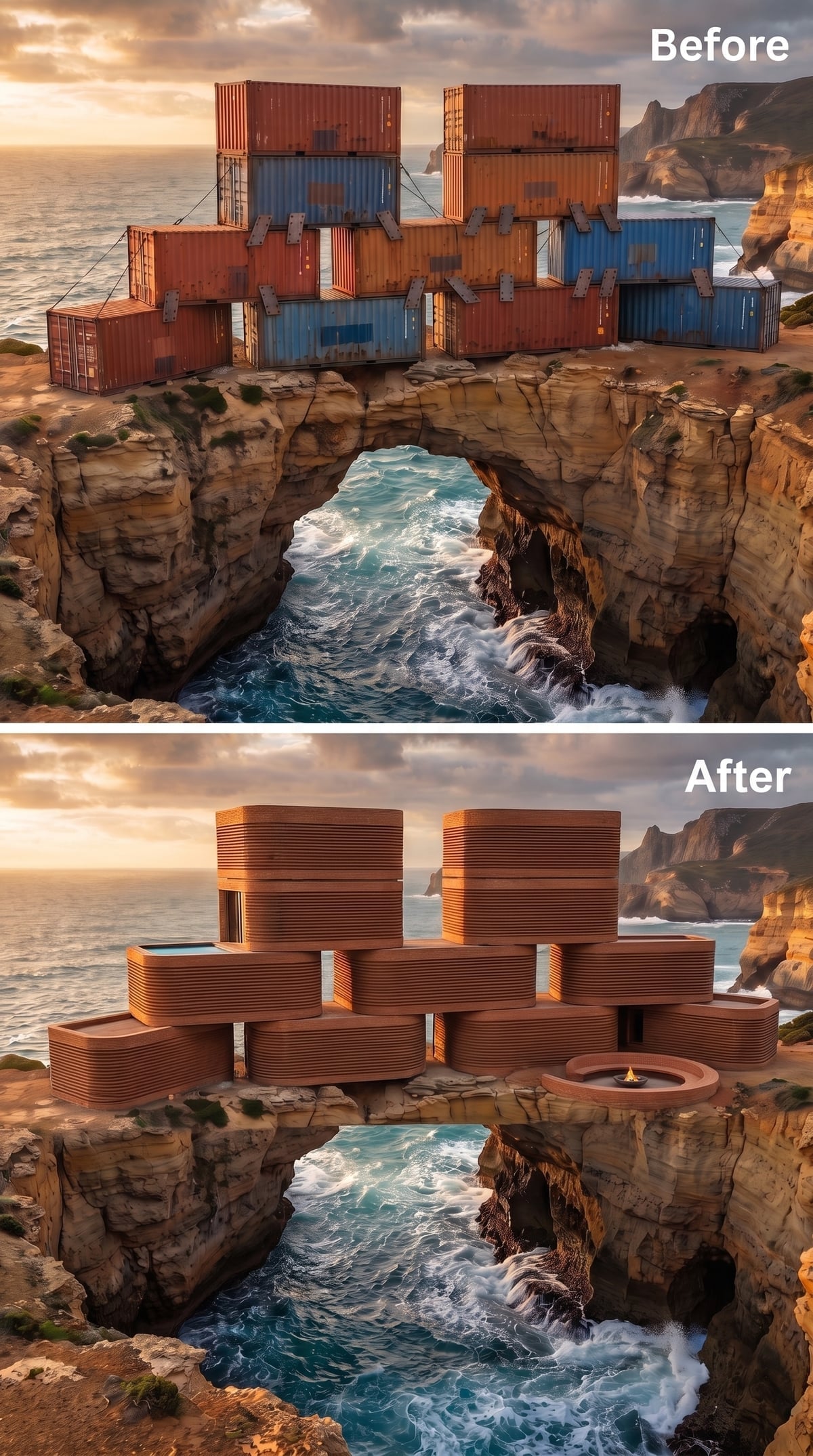 Rounded Terracotta Volumes Stacked Over a Sea Arch, Fire Bowl Set at the Cliff Crown