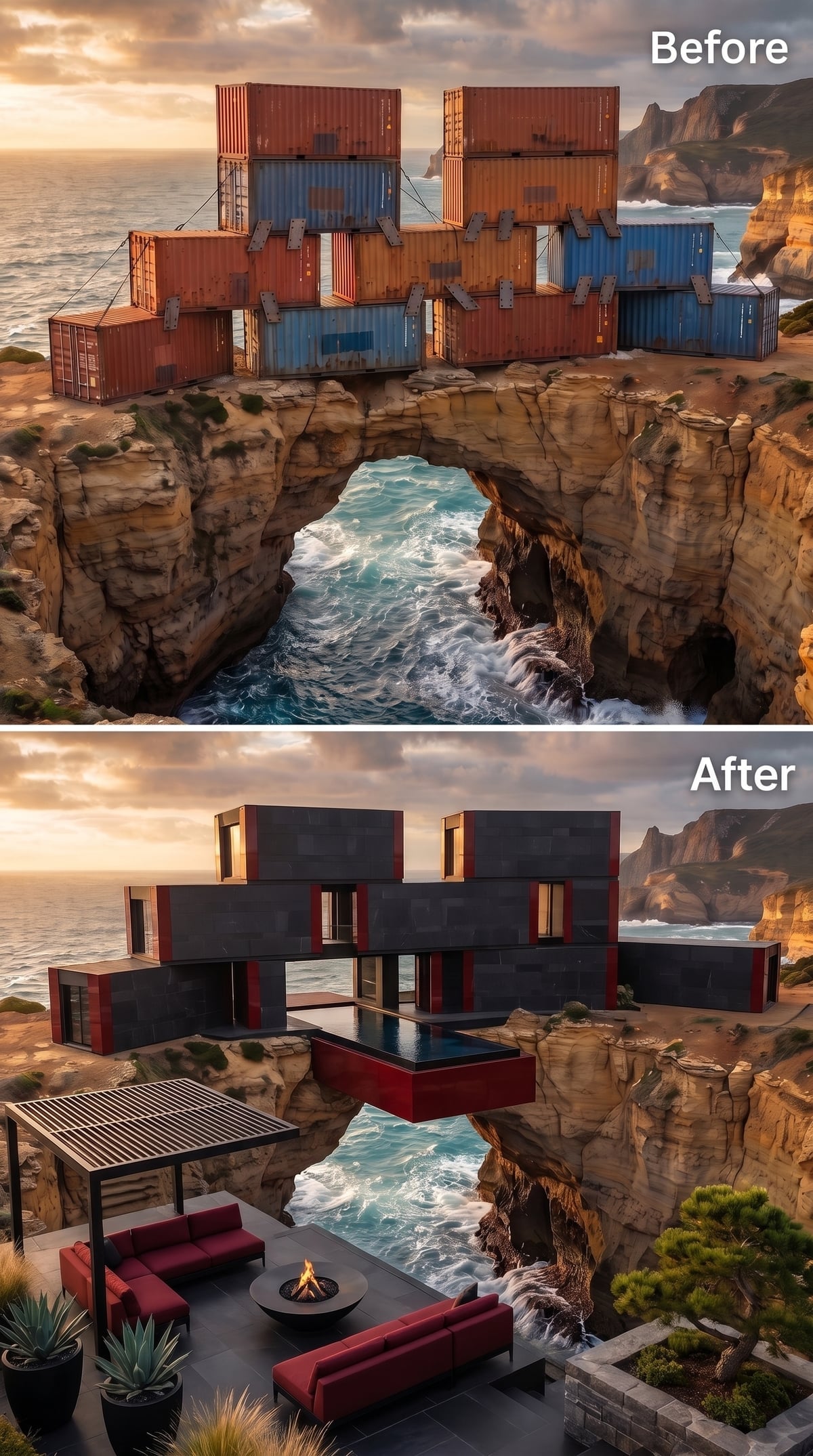 Slate-Clad Volumes Anchored Over a Sea Arch, Firepit Terrace Cantilevered at the Cliff Edge