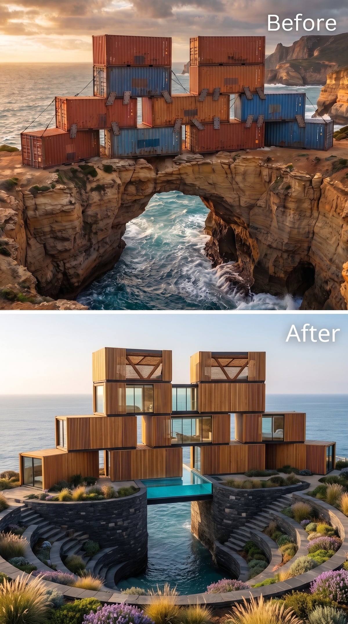 Stacked Cedar Modules Over a Sea Arch, With a Sunken Pool Anchoring the Base