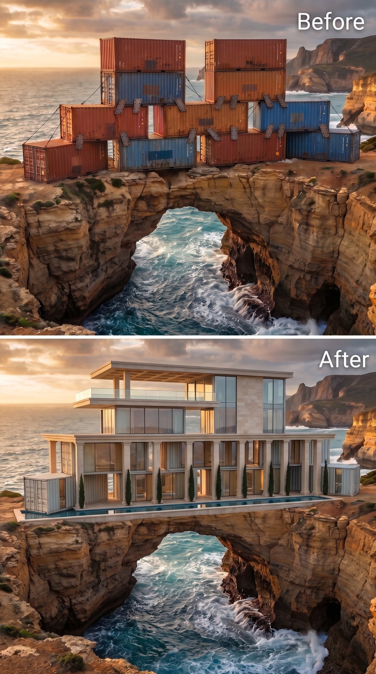 Stone Arch Spanned by Glass and Limestone, Cypress Trees Lining the Cliff Deck