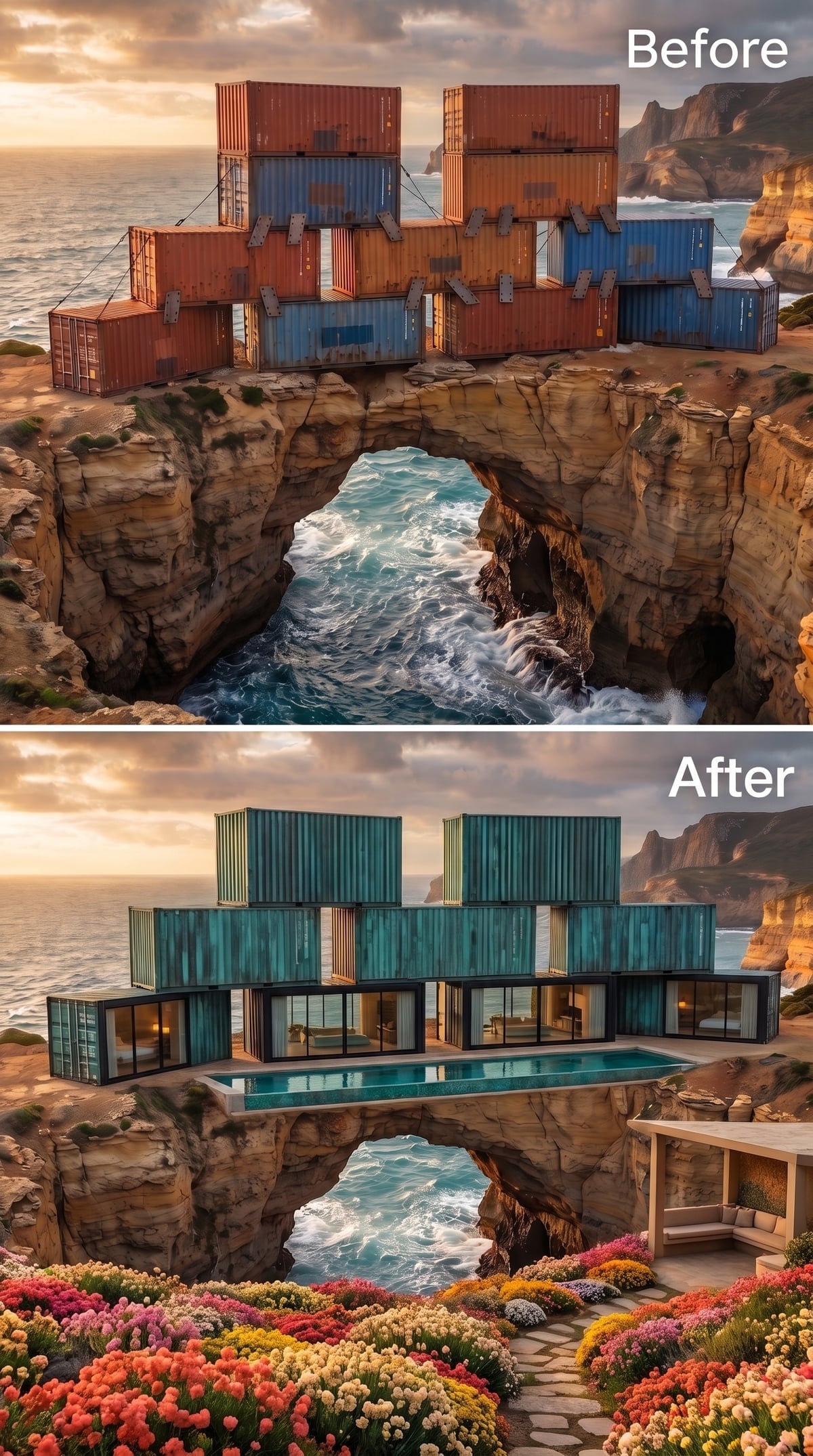 Teal Patina Containers Stacked Over a Sea Arch, Pool Suspended Mid-Structure