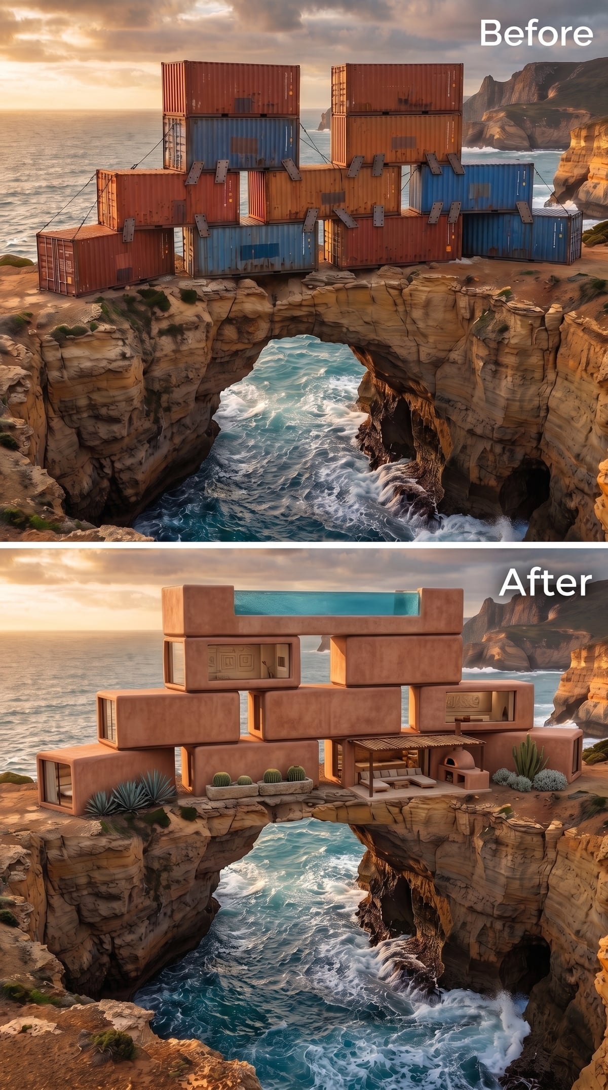 Terracotta Volumes Anchored Over a Sea Arch, Pool Suspended at the Cliff Crown