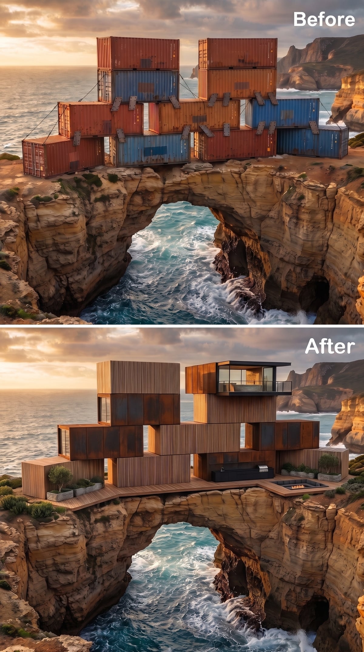 Vertical Cedar Volumes Stacked Over a Sea Arch, With a Rooftop Deck Cut Into the Top Module