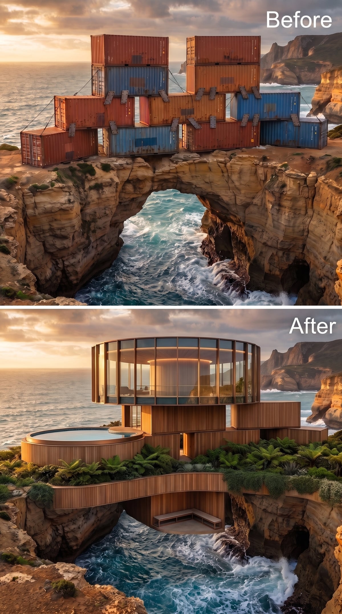 Warm Timber Cylinders Bridging a Sea Arch, Hot Tub Flush at the Cliff Edge
