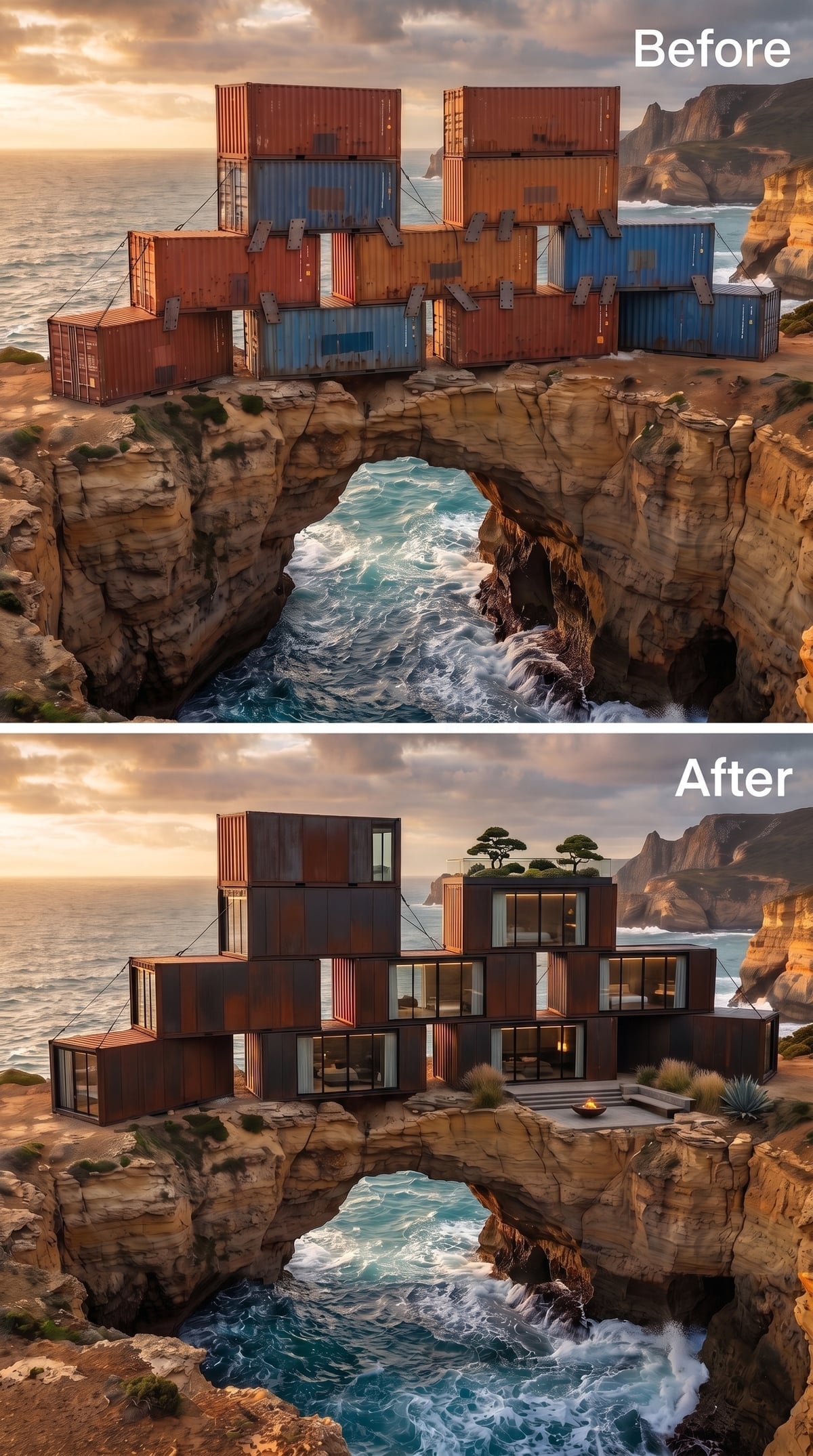 Weathered Corten Volumes Anchored Over a Sea Arch, Bonsai Garden Crowning the Cliff