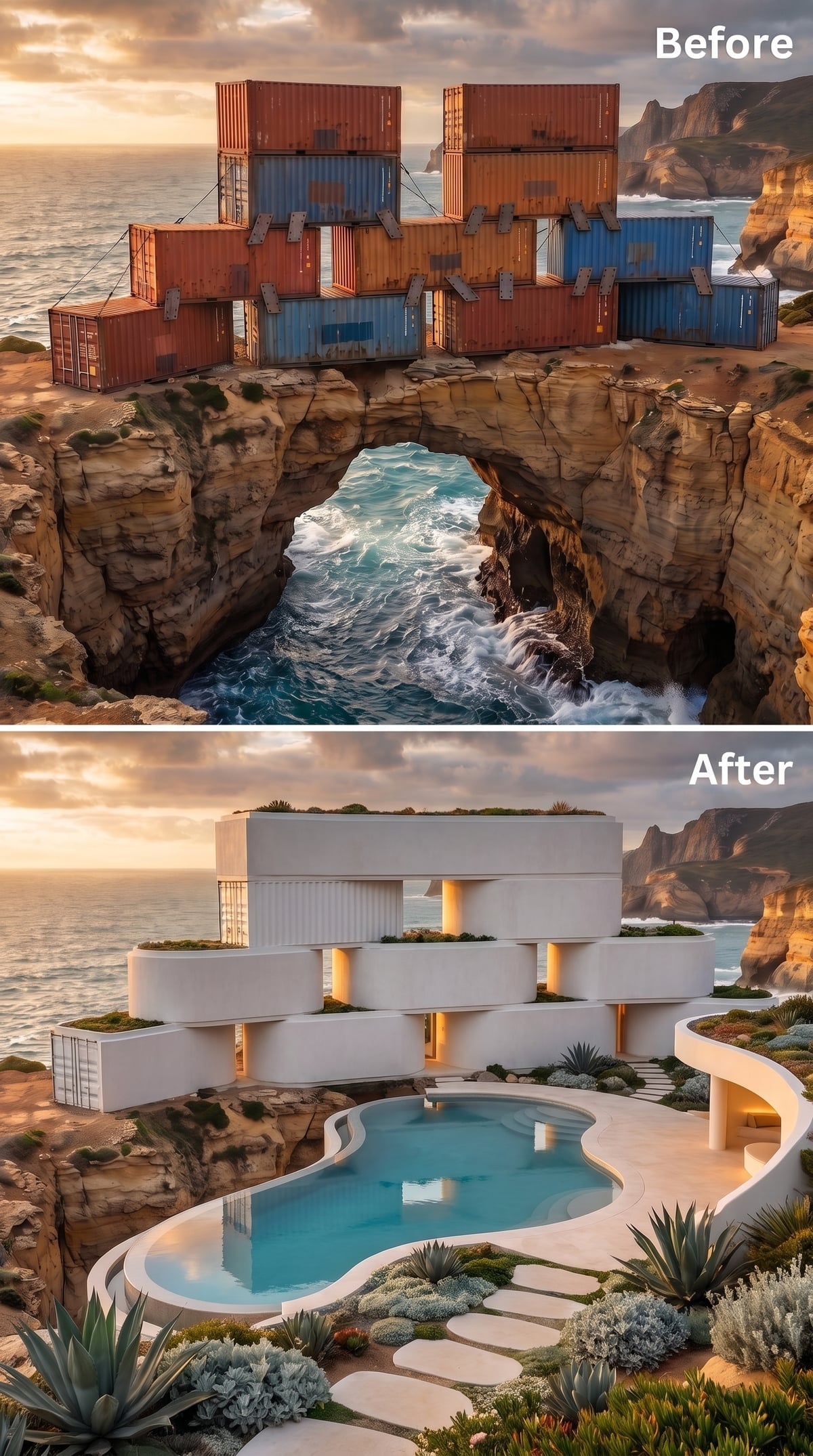 White Concrete Curves Spanning a Sea Arch, Pool Nestled Into the Cliff Terrace