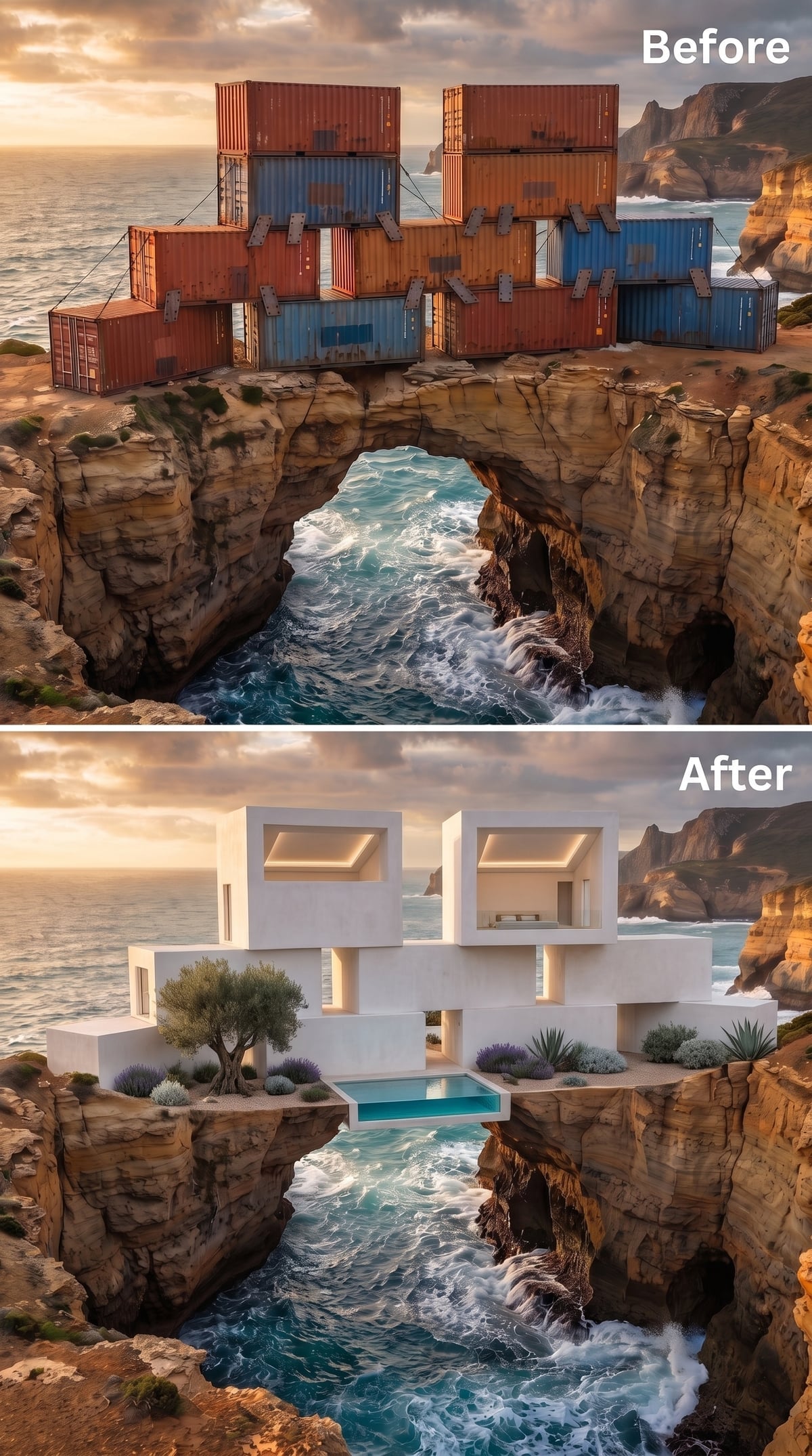 White Render Volumes Stacked Over a Sea Arch, With a Glass Pool at the Cliff Edge