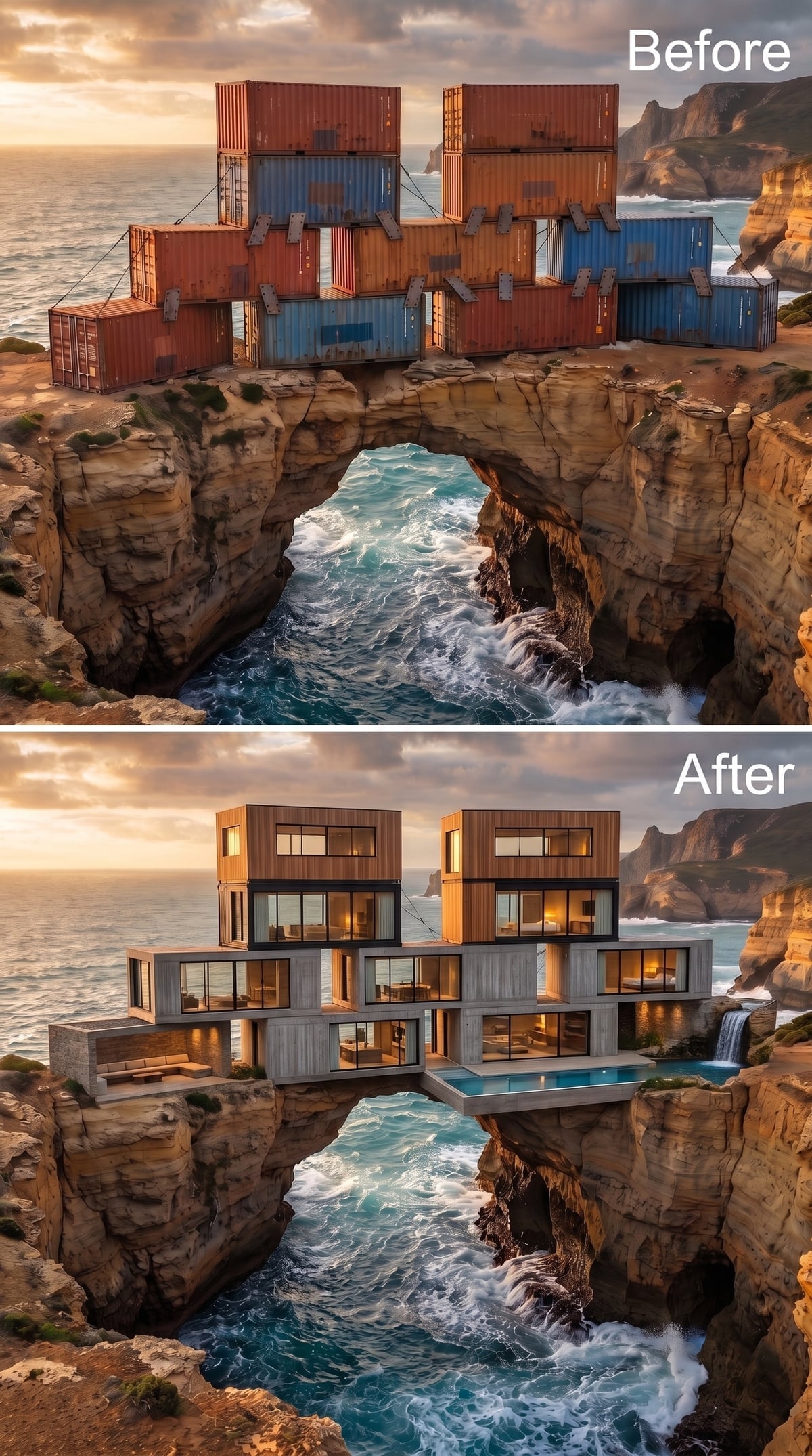 Wood-Clad Modules Stacked Over Open Ocean, Lit From Within at Dusk