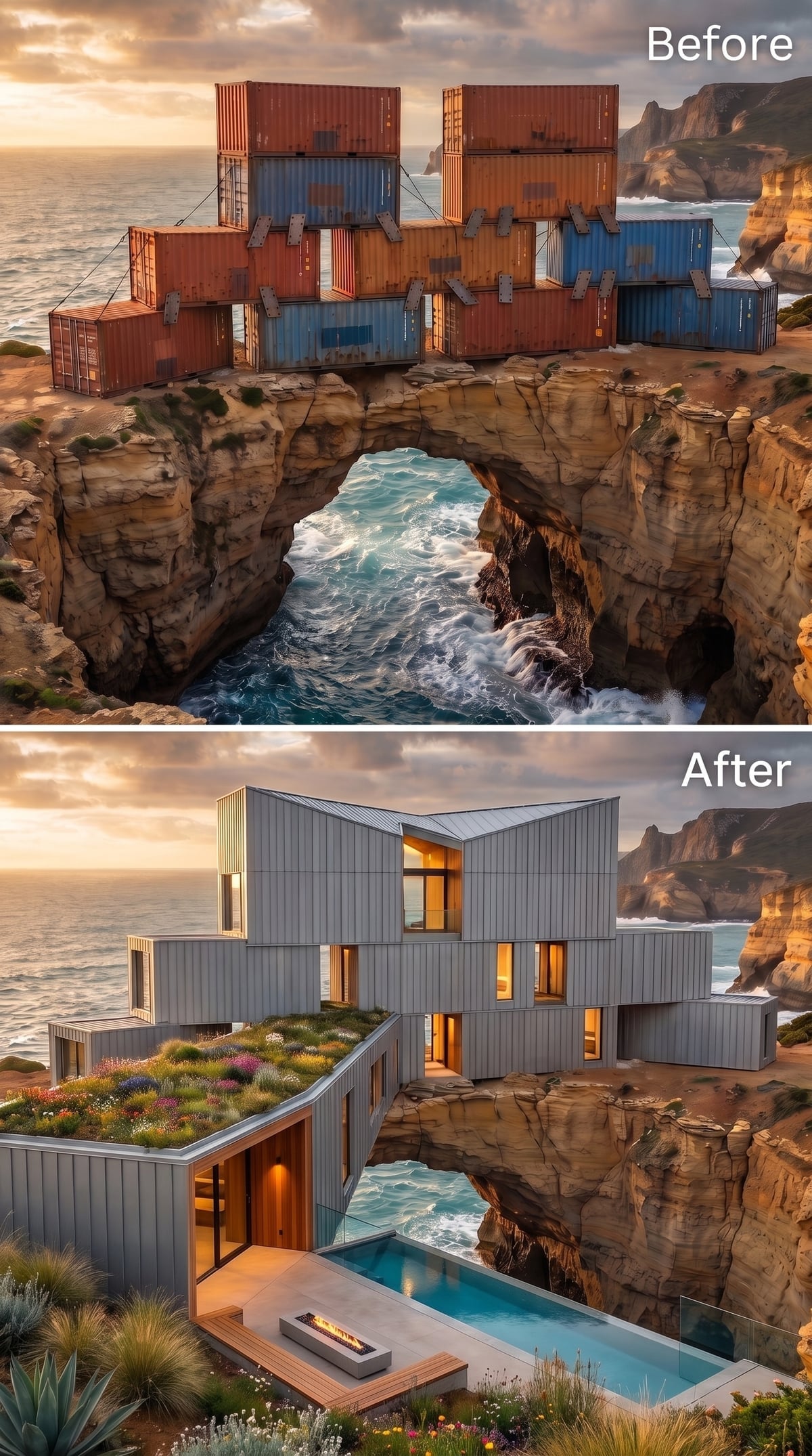 Zinc-Wrapped Volumes Bridging a Sea Arch, Pool Flush Against the Cliff Face