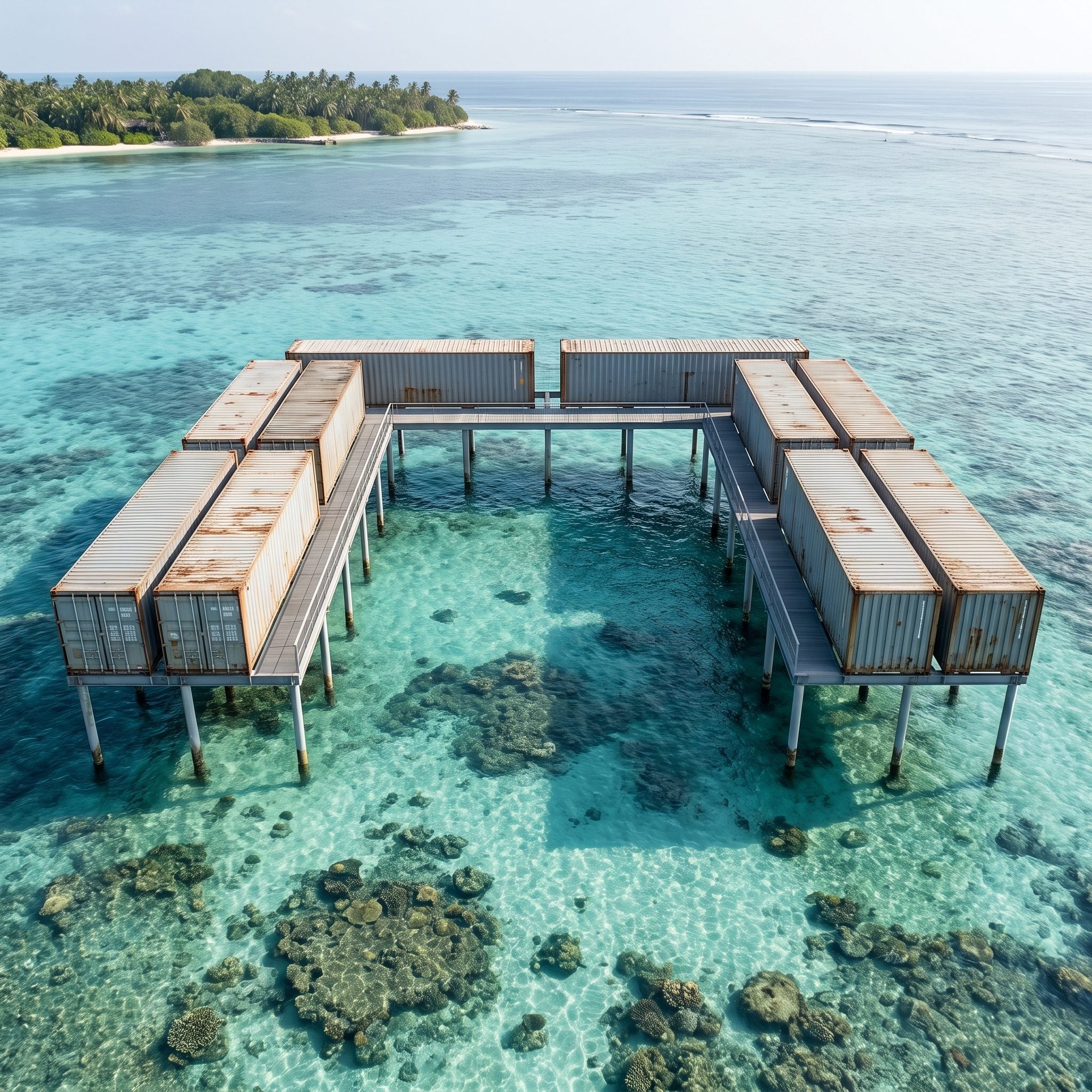 They Floated 10 Containers Over a Coral Lagoon to Build Their Dream Compound. AI Created 37 Designs. These Are the Before & After Results. - Before