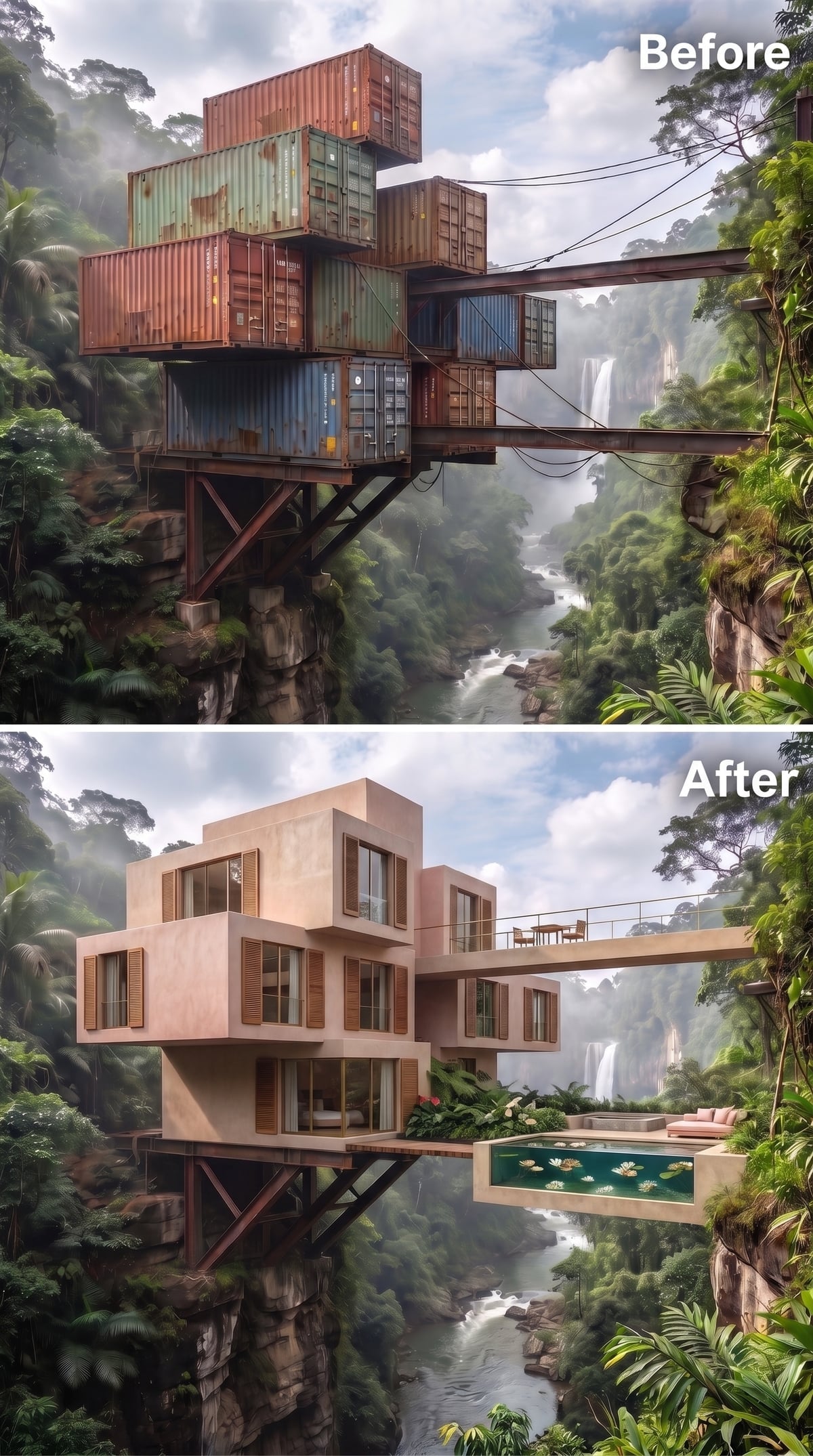 Blush Render, Louvered Shutters, and a Lily Pool Cantilevered Over the Gorge