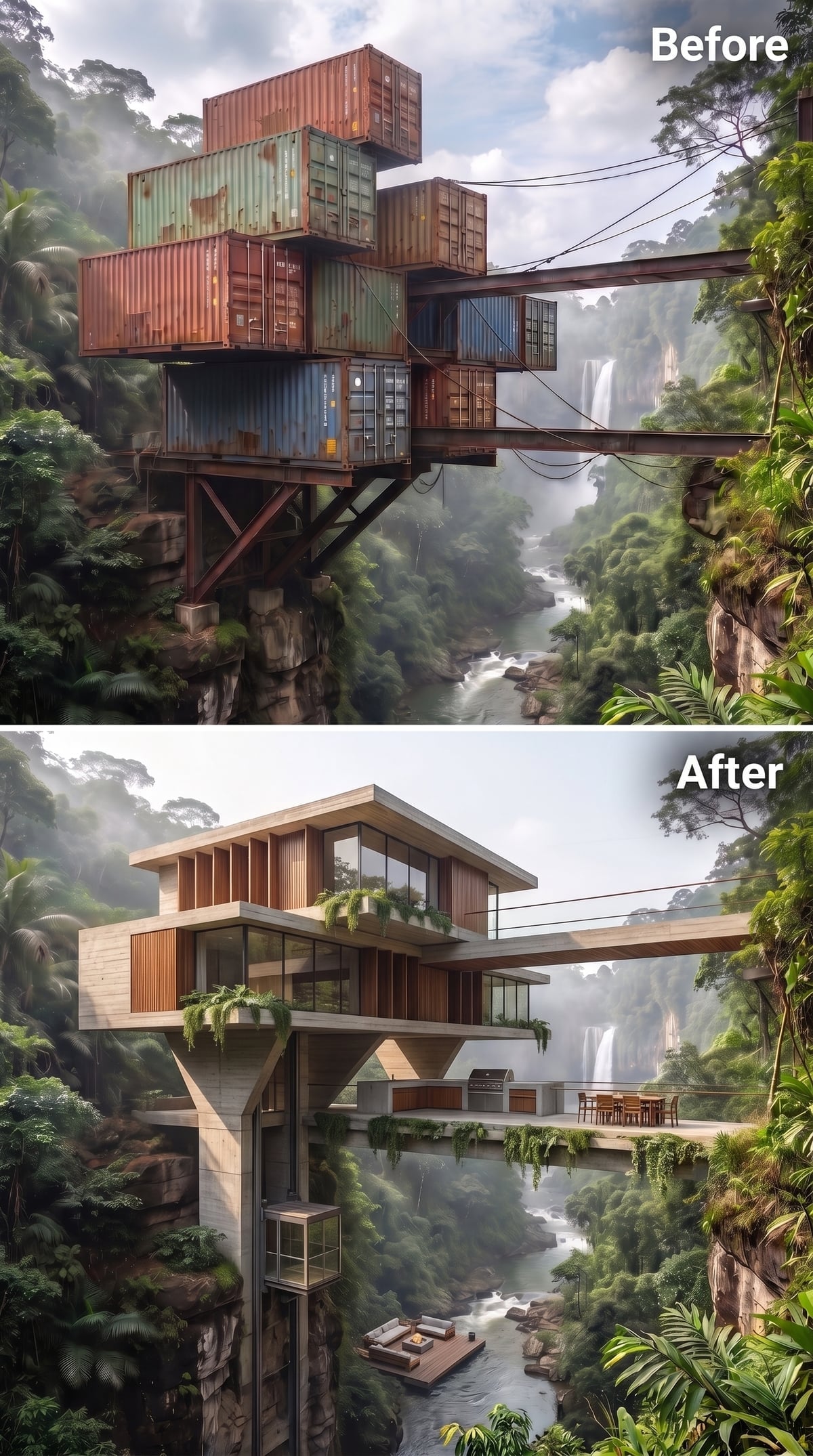 Board-Formed Concrete, Timber Louvers, and a Gorge-Side Kitchen Cantilevered Over White Water