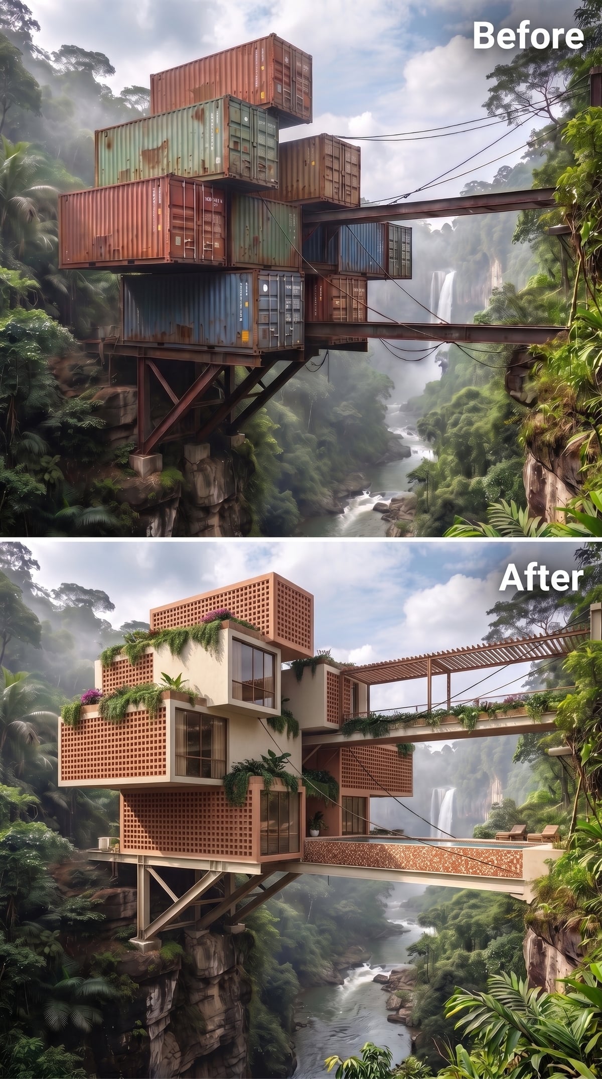 Brick Lattice Walls and Cascading Greenery Reframe Gorge Living Entirely