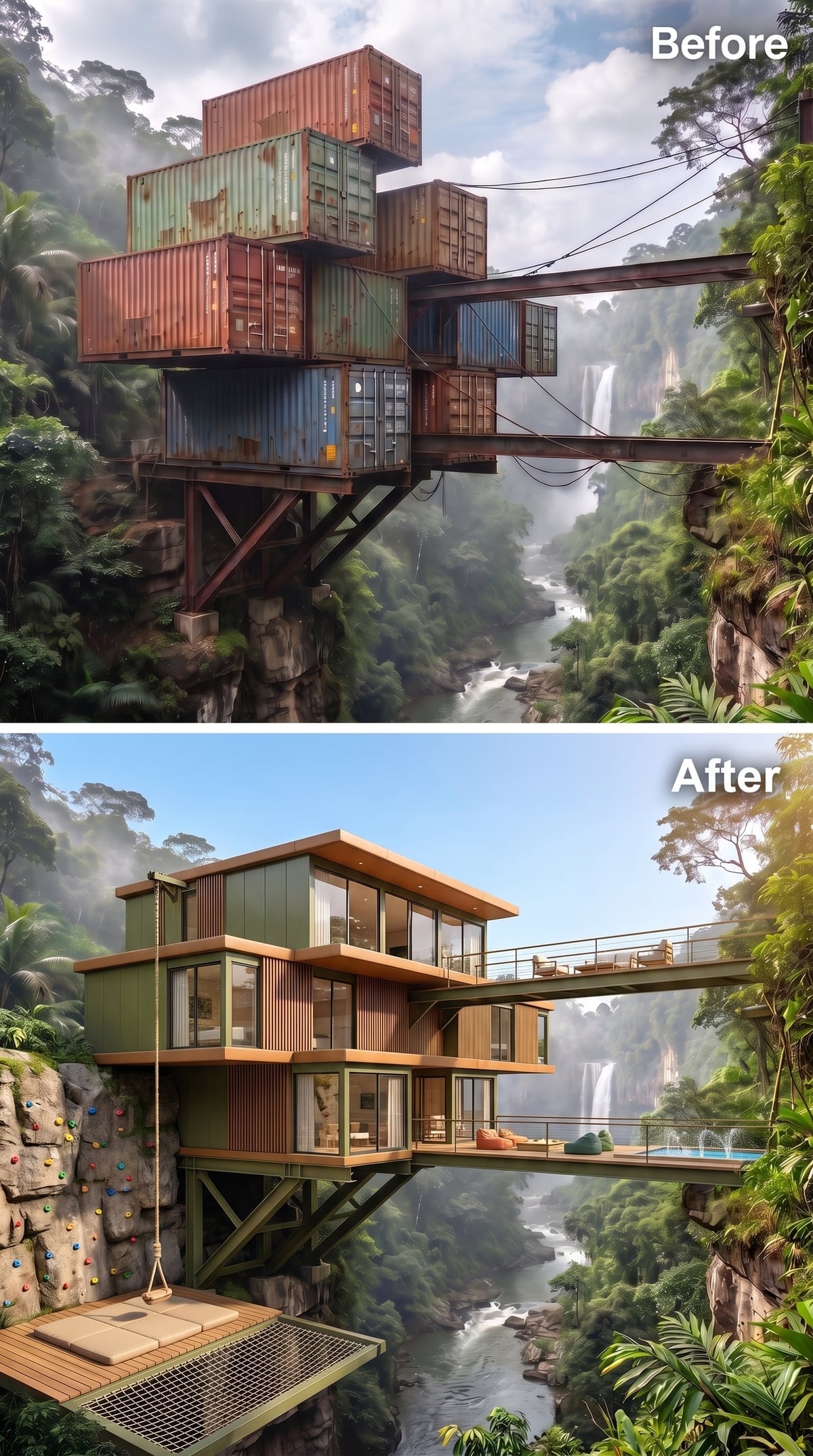 Cedar Cladding, Glass Volumes, and a Rock Climbing Wall Above the Gorge