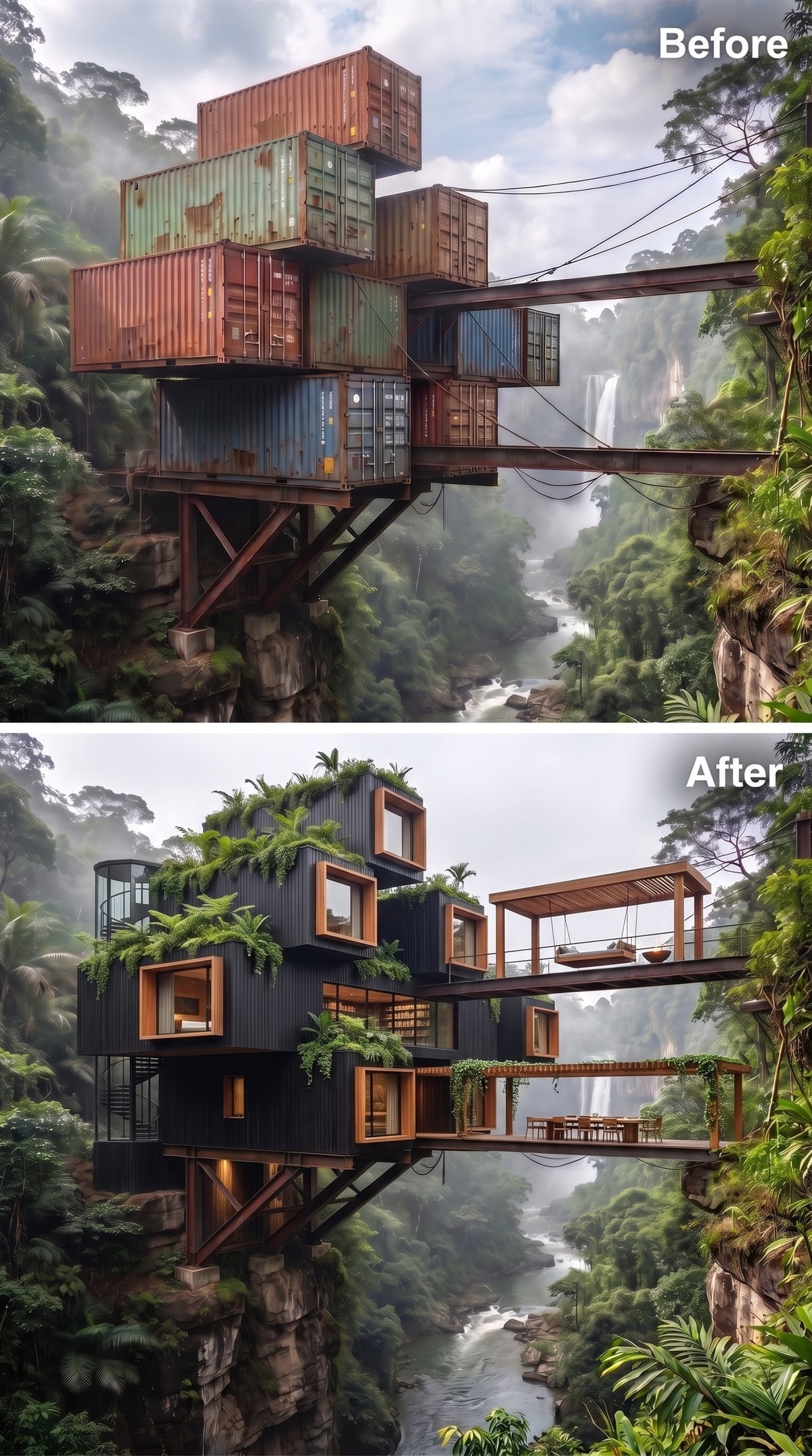 Charcoal Containers, Timber Frames, and Living Roofs Suspended Over Jungle White Water