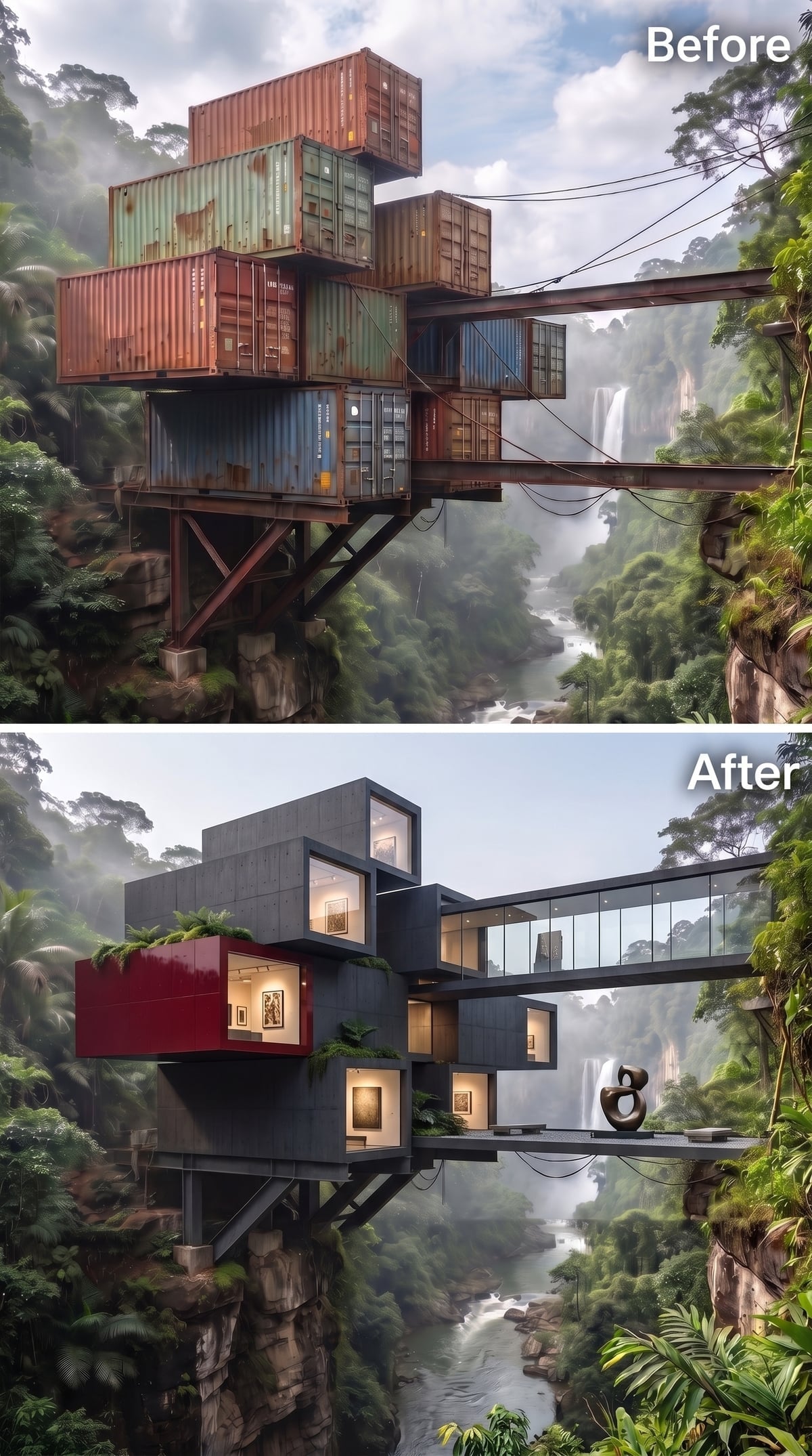 Concrete Volumes, a Red Gallery Box, and Warm-Lit Art Bays Cantilevered Over the Gorge