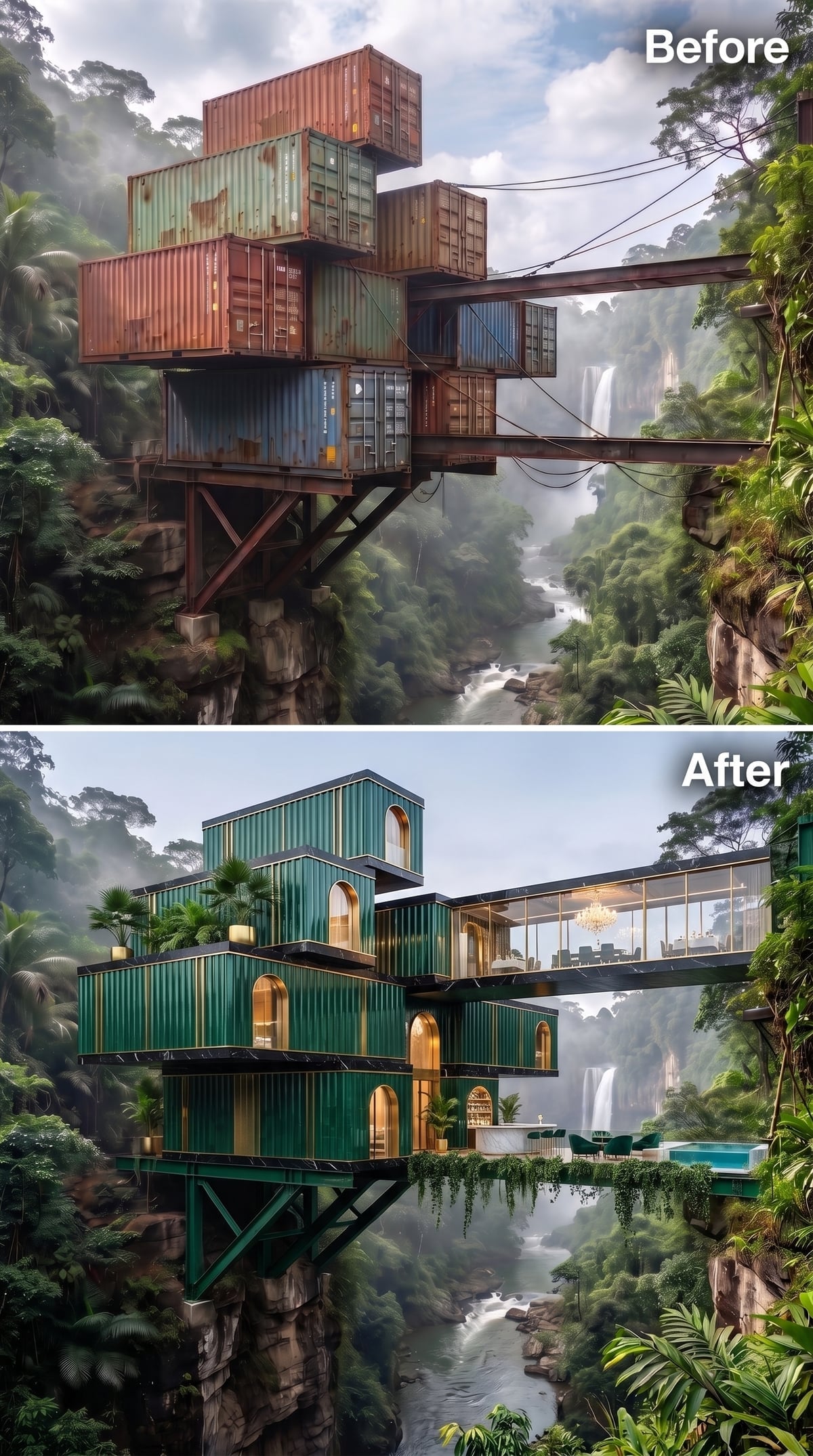 Emerald Panels, Gold Trim, and a Glass Bridge Cantilevered Over Jungle Mist