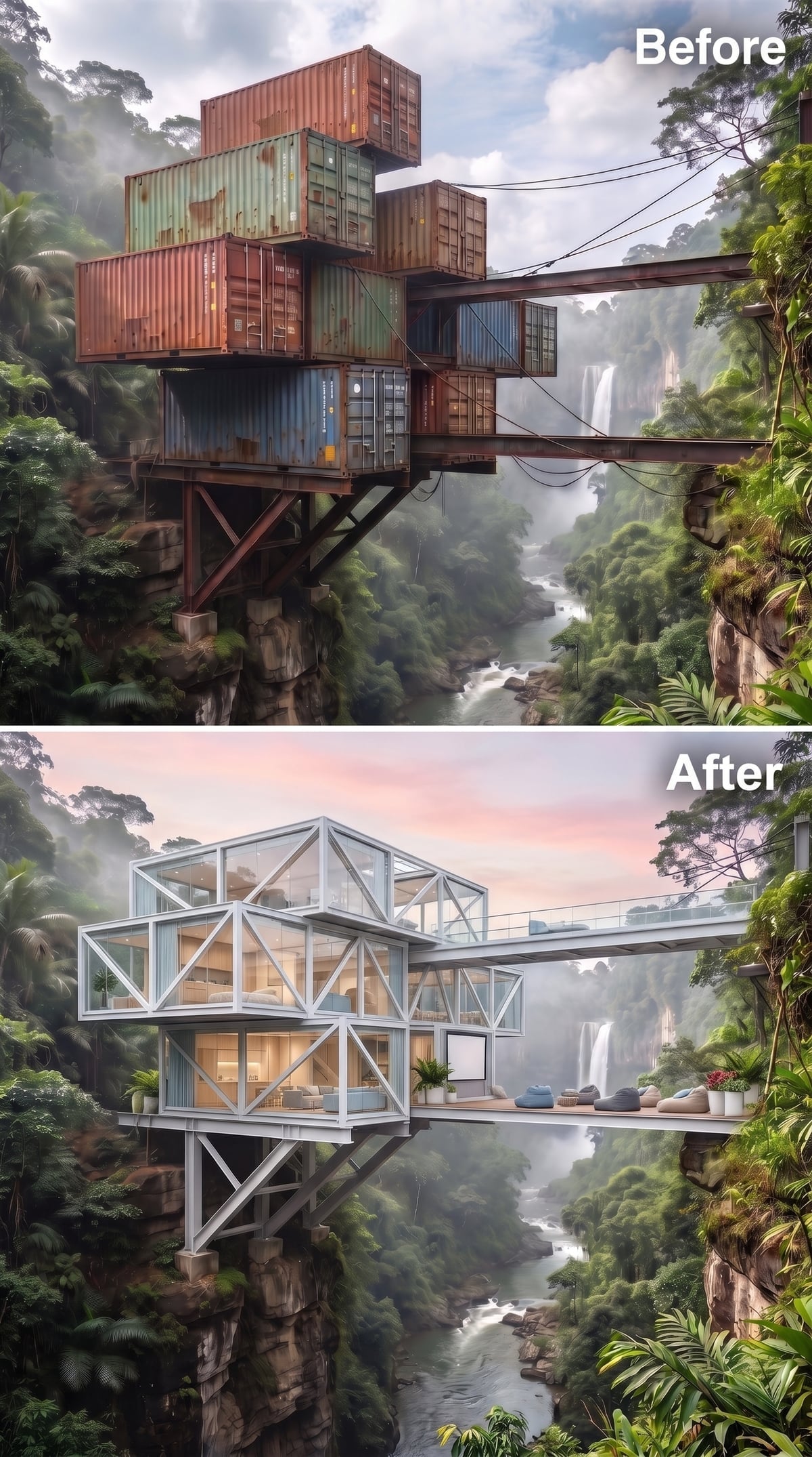 Glass Walls and Steel Trusses Suspended Over Jungle and Falling Water