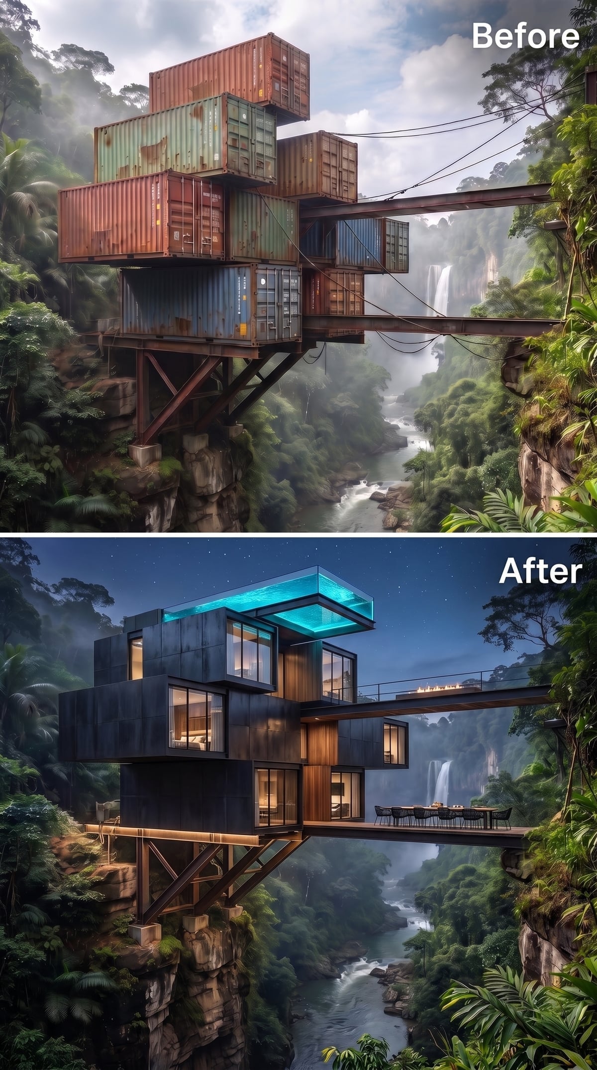 Gunmetal Panels, Glowing Pool Glass, and a Cantilevered Dining Deck Above the Gorge