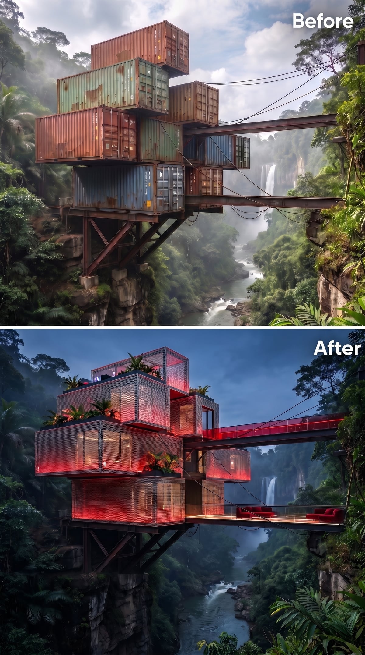Mesh Steel, Red Light, and Rooftop Palms Suspended Over a Jungle Gorge