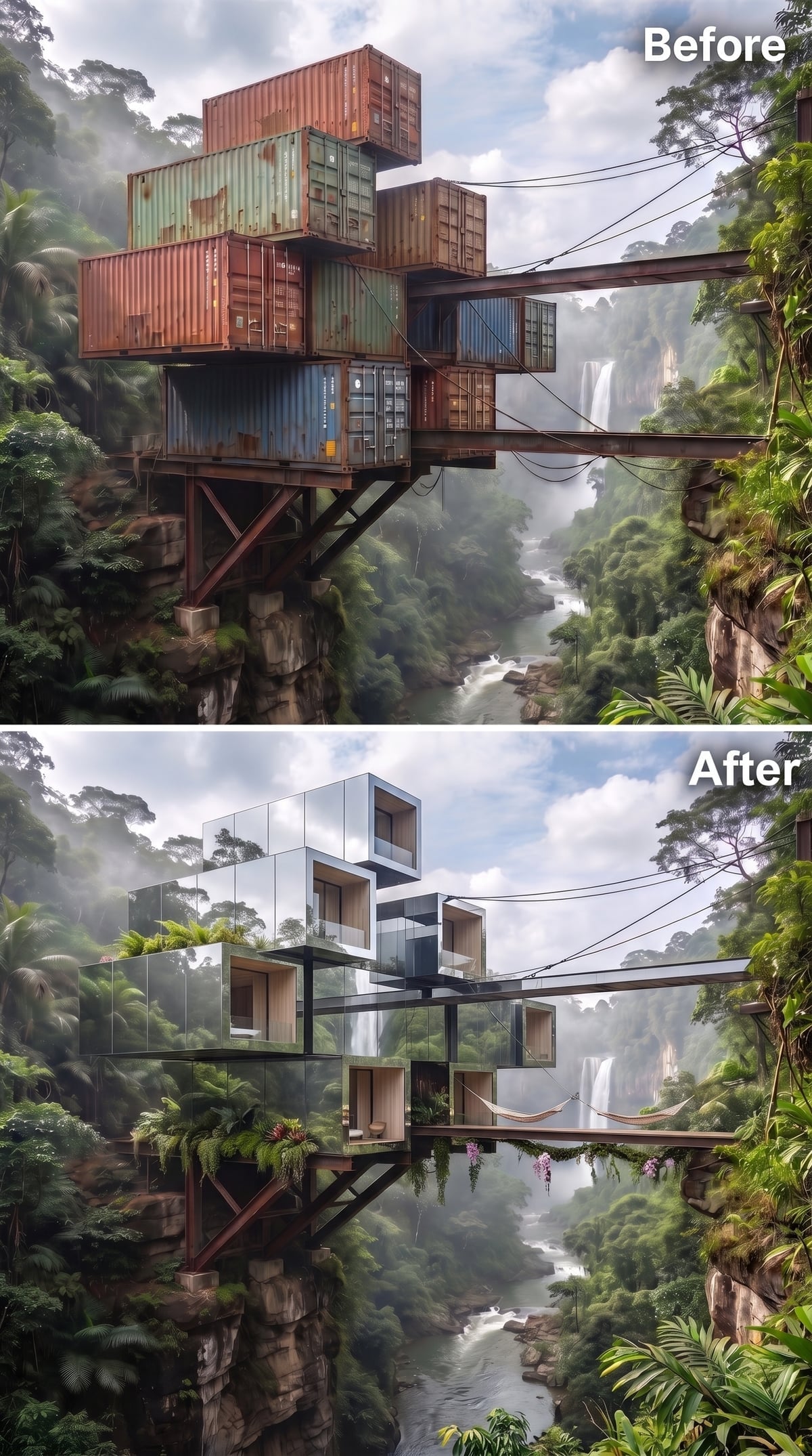 Mirror-Glass Volumes and a Hammock Deck Suspended Over Jungle Mist