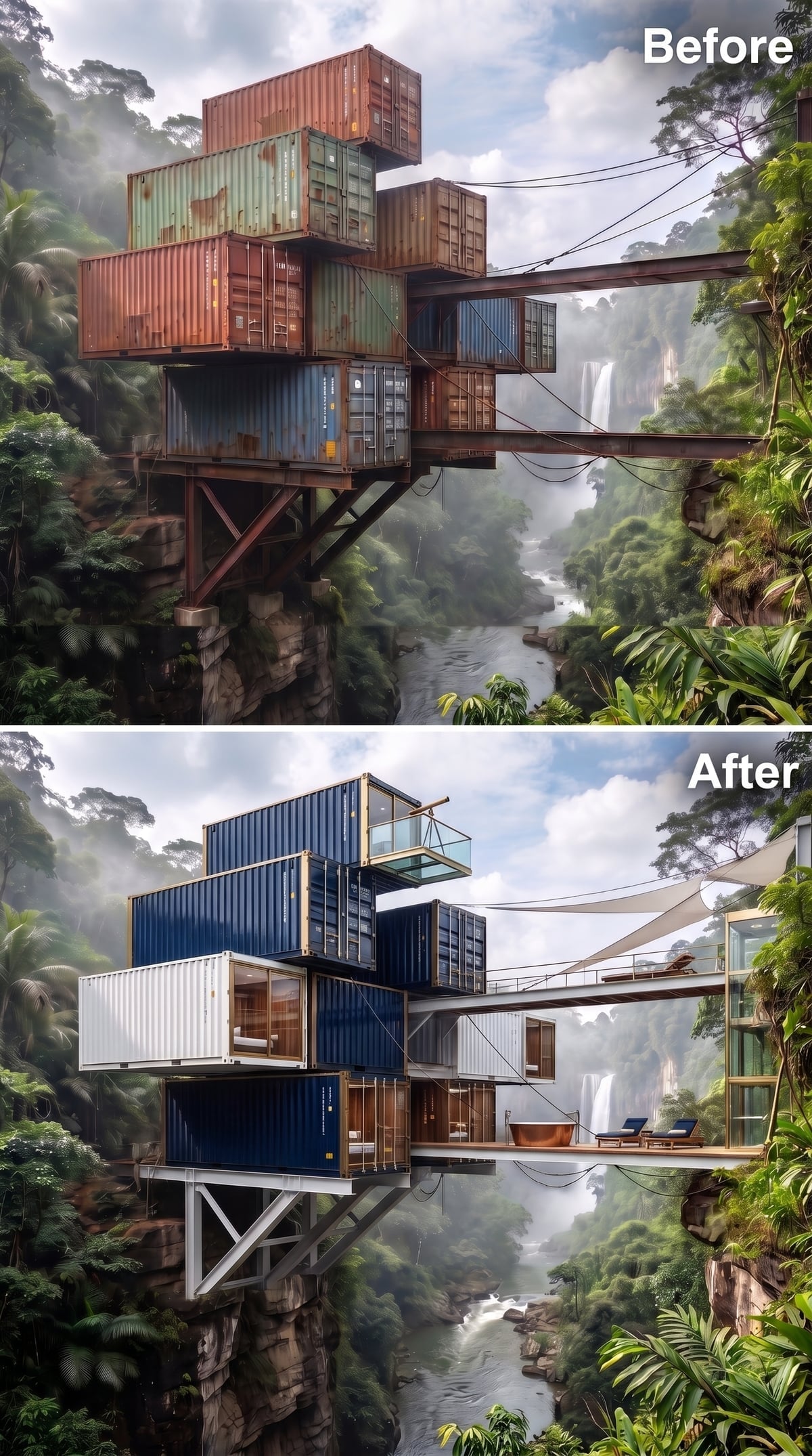Navy Containers, Shade Sails, and a Copper Tub Suspended Above the Gorge