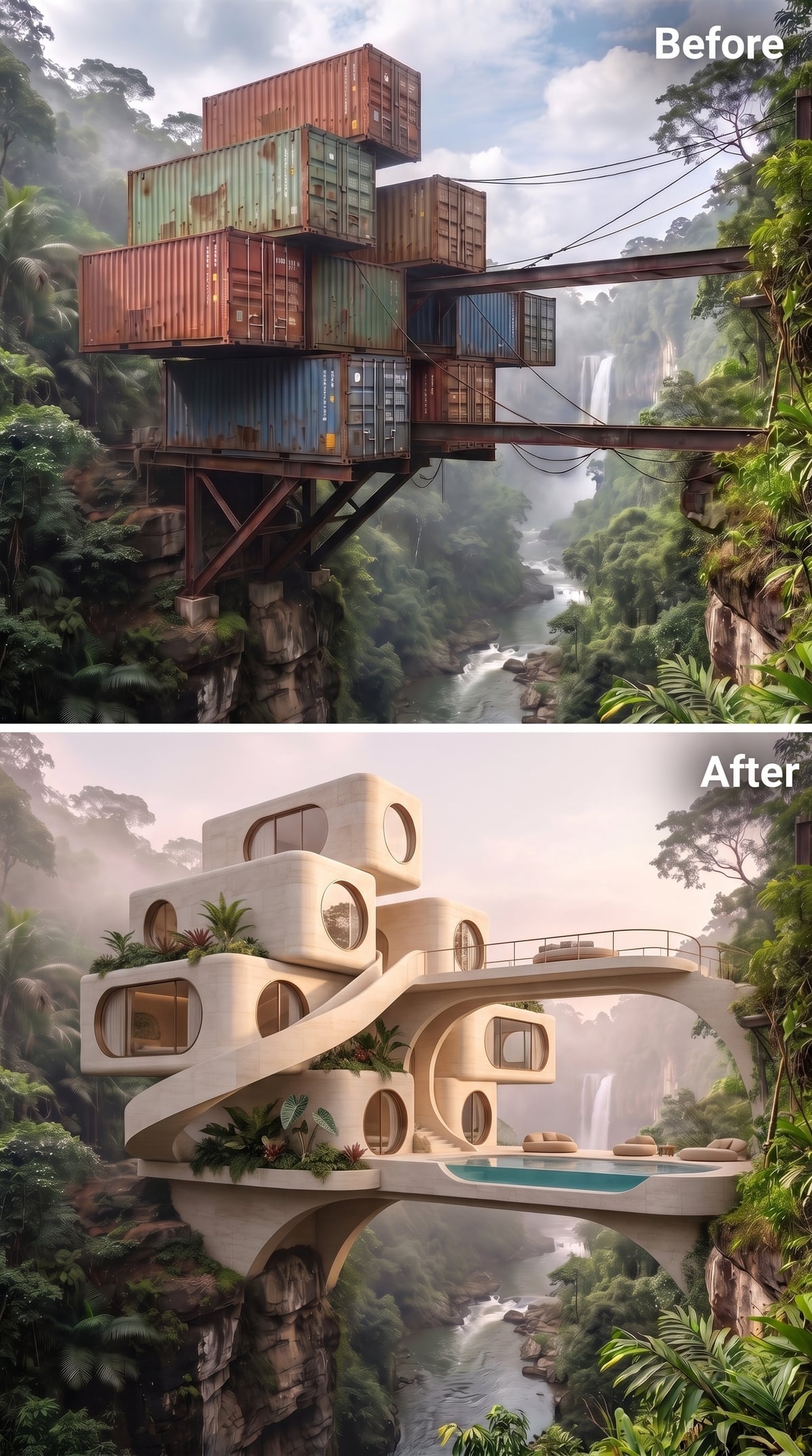 Organic Forms, Rounded Porthole Windows, and a Pool Suspended Over Jungle Mist