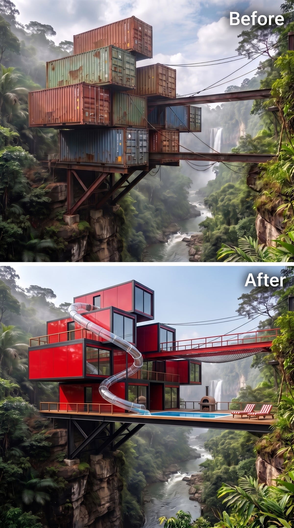 Red Cladding, a Spiral Slide, and a Pool Deck Suspended Over Jungle Mist