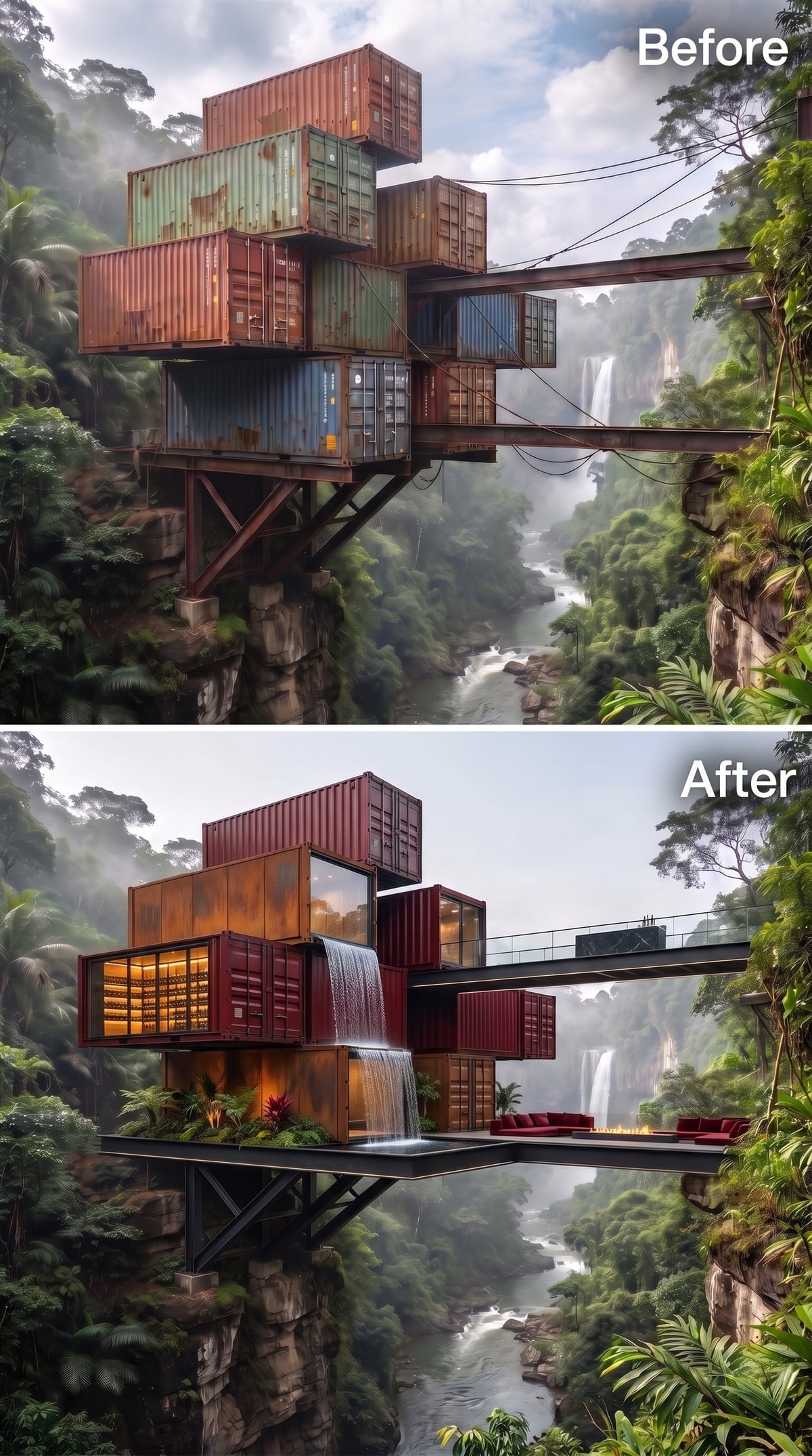 Rust Steel, a Cascade Wall, and a Wine-Lit Container Suspended Over the Gorge