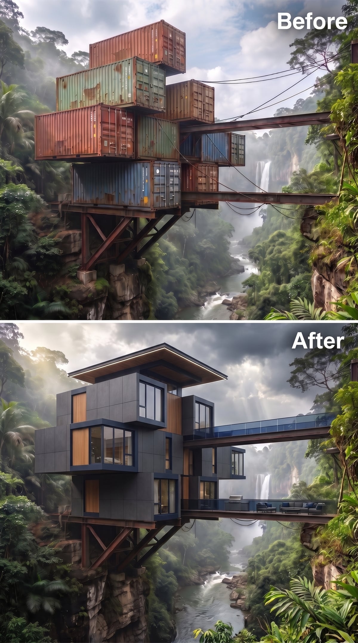 Slate Panels, Warm Timber Bays, and a Cantilevered Deck Above the Gorge