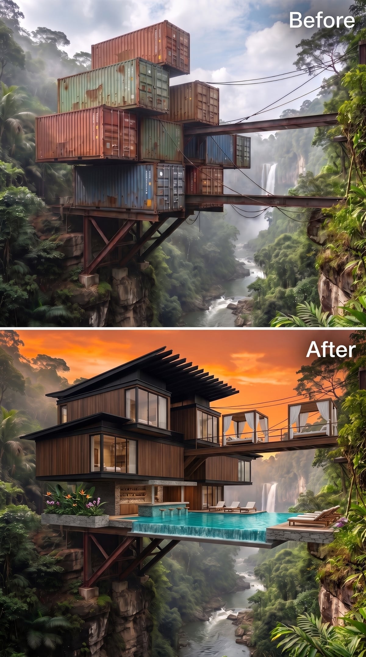 Teak Cladding, an Infinity Edge, and a Cabana Deck Suspended Over Jungle White Water