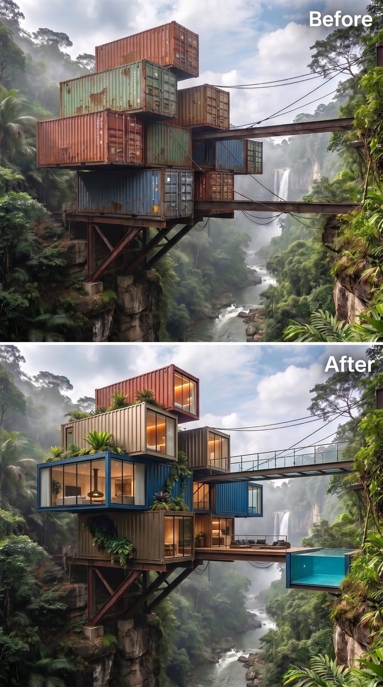 Warm-Lit Containers, Rooftop Ferns, and a Cantilevered Pool Over Jungle White Water