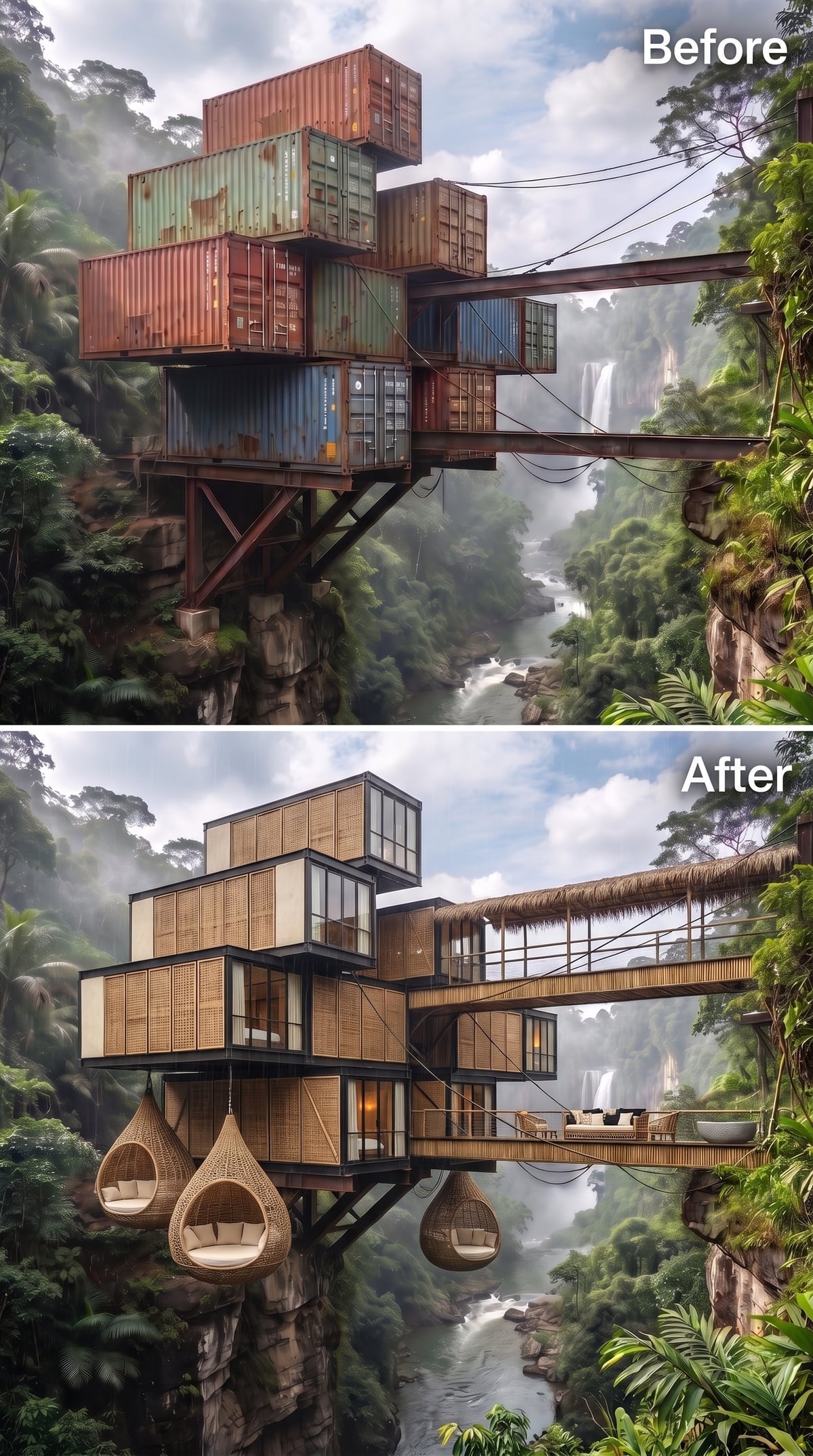 Woven Bamboo Panels and Hanging Rattan Pods Turn Raw Steel Into a Rainforest Retreat