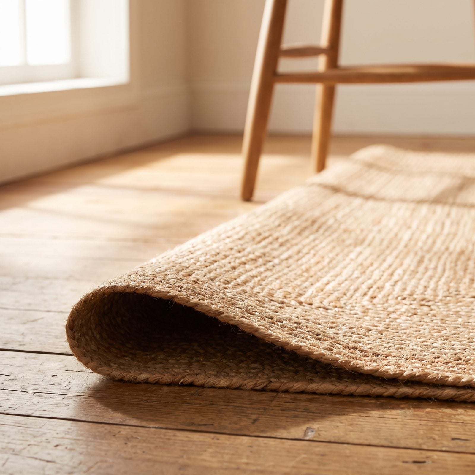 Farmhouse dining room with a thin rug whose four corners curl upward, one lifting two inches off the floor near a chair.